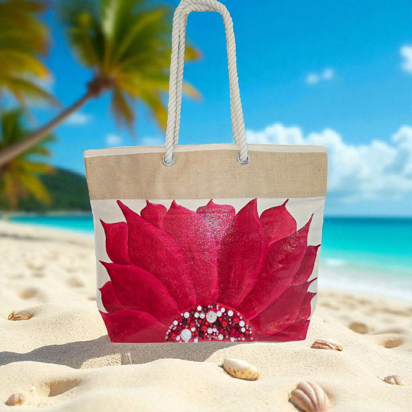 Hand-painted rope handle tote bag featuring a bold red sunflower with bead embellishments.