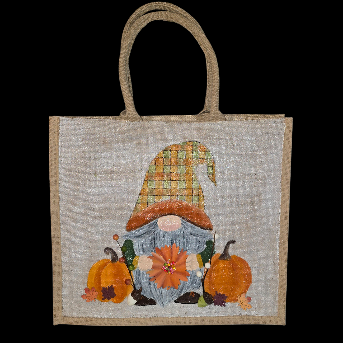 Hand-painted Fall Gnome tote bag with sunflowers, acorns, and berries on metallic jute background