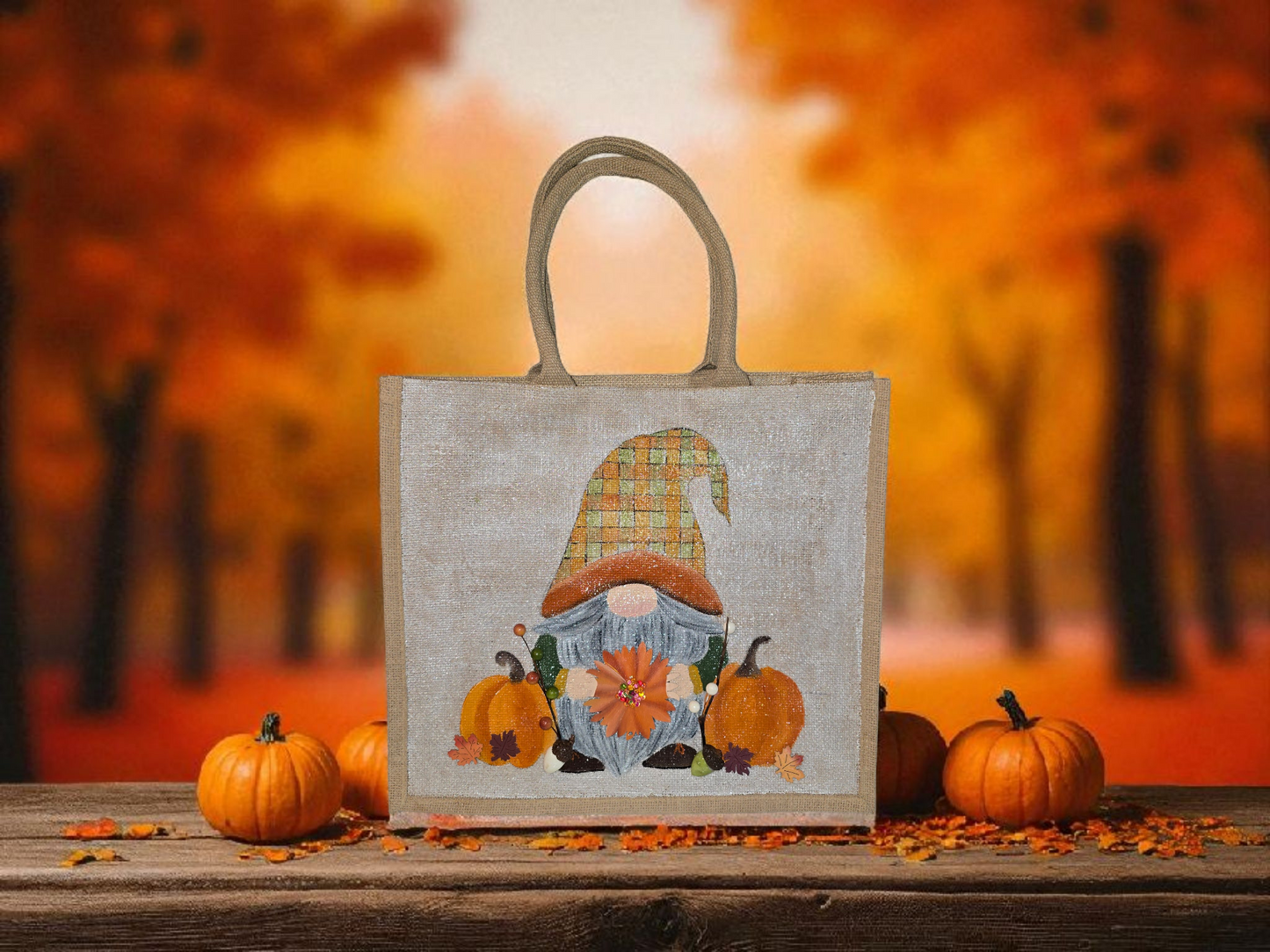 Hand-painted Fall Gnome tote bag with sunflowers, acorns, and berries on metallic jute background