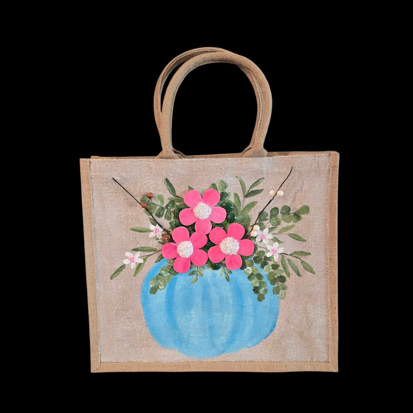Hand-painted jute tote featuring a blue pumpkin used as a flower pot, filled with pink flowers and greenery; painted on off-white metallic background with beads, leaves, and wooden floral embellishments