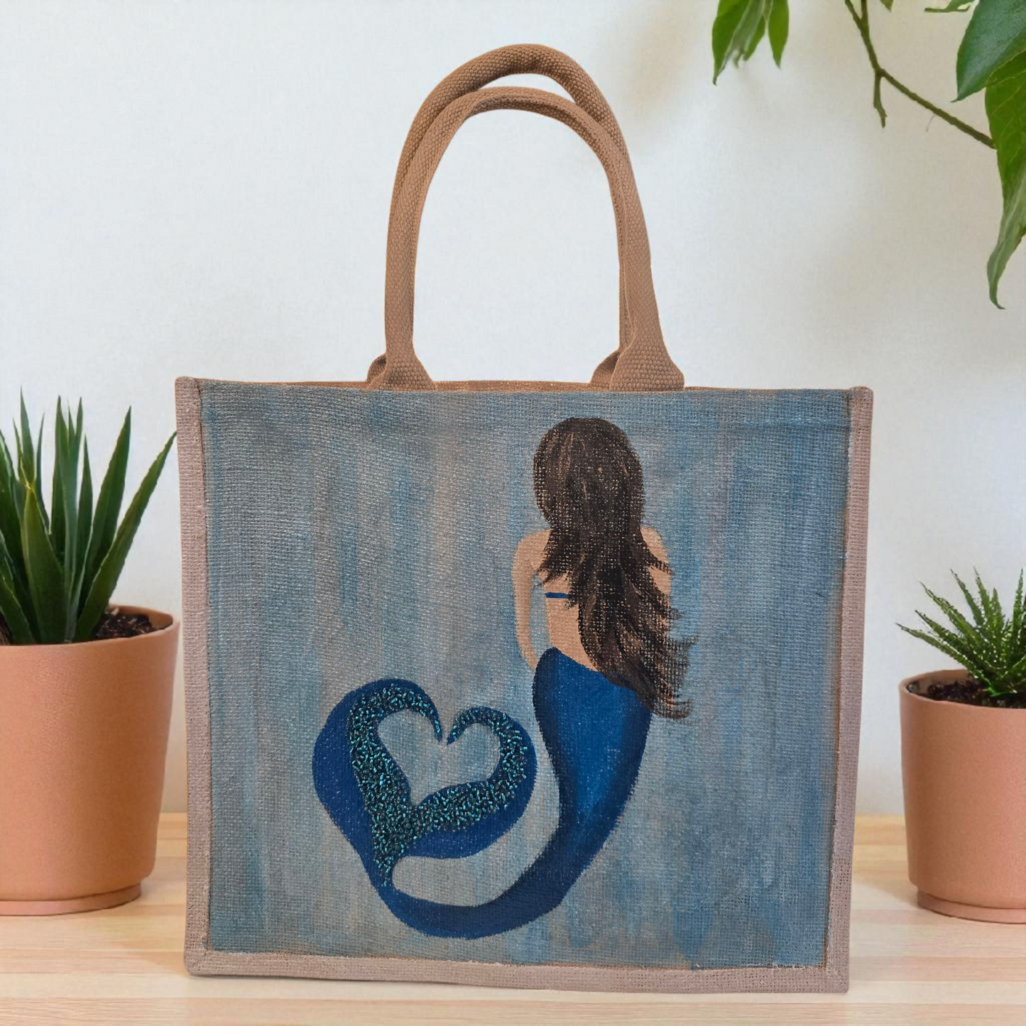 Mermaid Hand-Painted Jute Tote Bag with Iridescent & Undersea Details