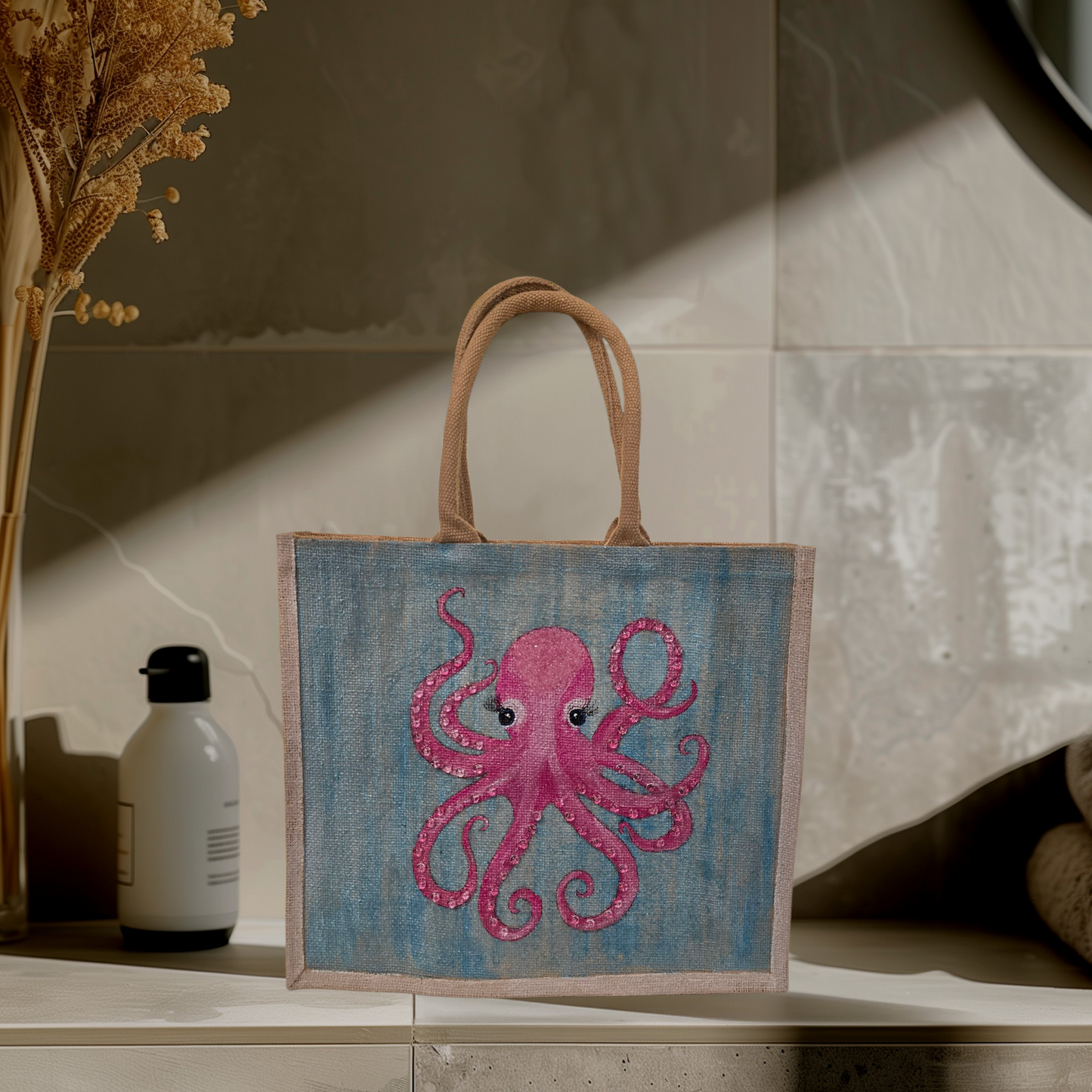 Octopus Hand-Painted Jute Pink Tote Bag