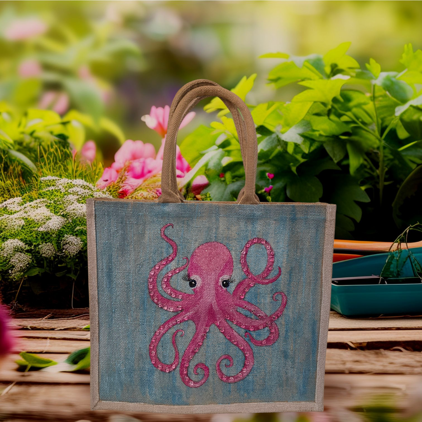 Octopus Hand-Painted Jute Pink Tote Bag