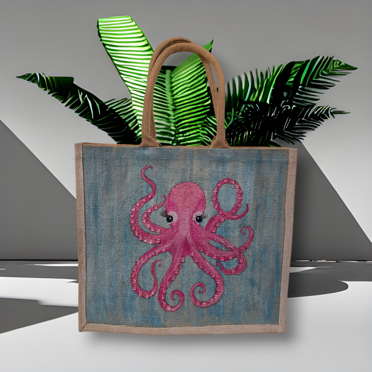 Octopus Hand-Painted Jute Pink Tote Bag