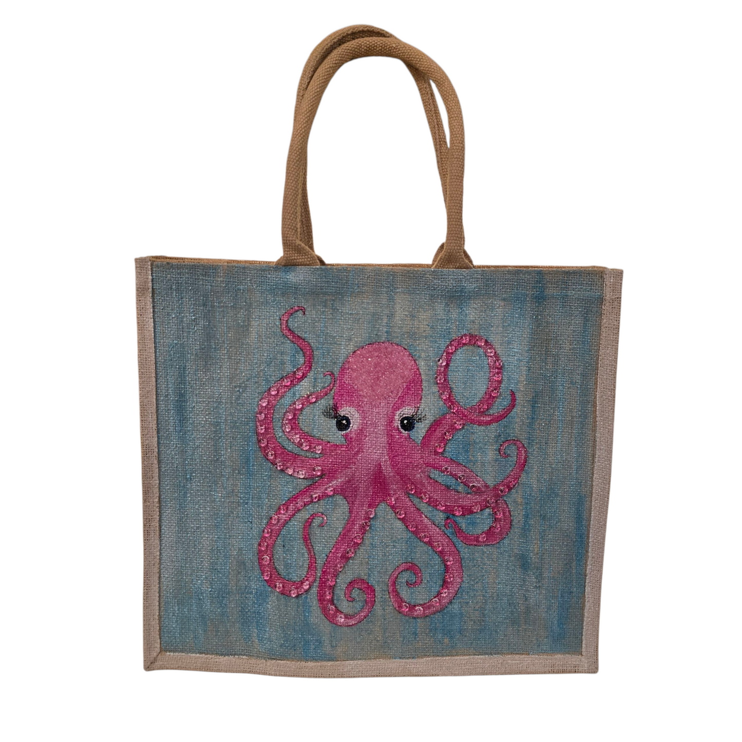 Octopus Hand-Painted Jute Pink Tote Bag