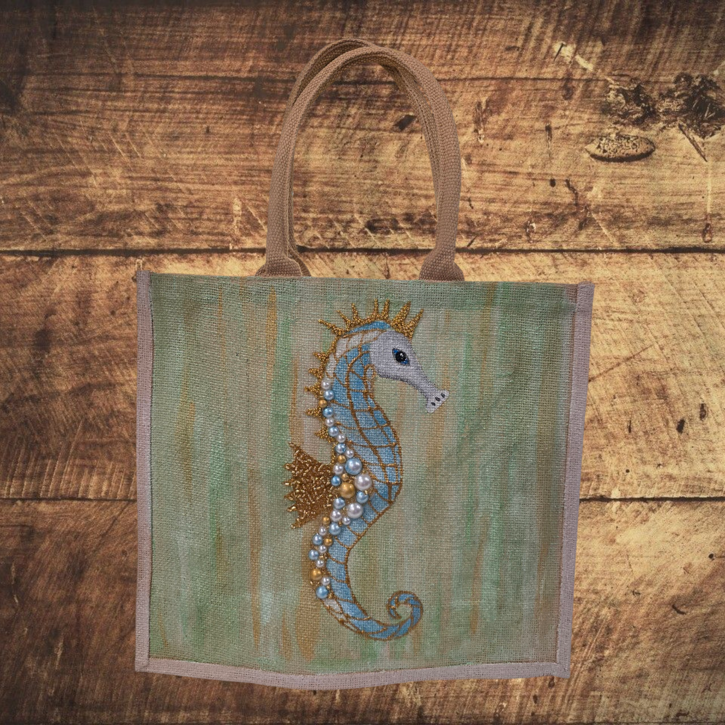 Seahorse Hand-Painted Jute Tote Bag with Pearly Seashell Accents