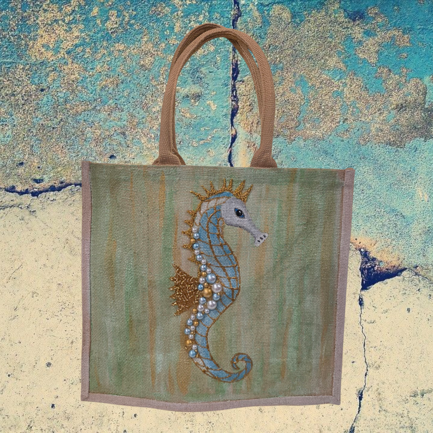 Seahorse Hand-Painted Jute Tote Bag with Pearly Seashell Accents