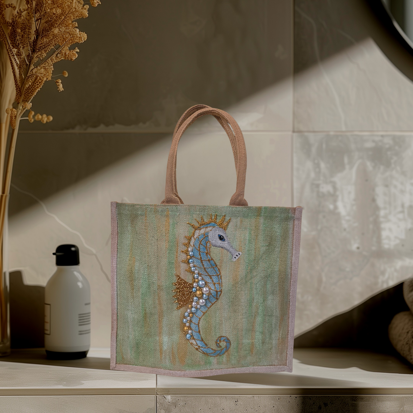 Seahorse Hand-Painted Jute Tote Bag with Pearly Seashell Accents