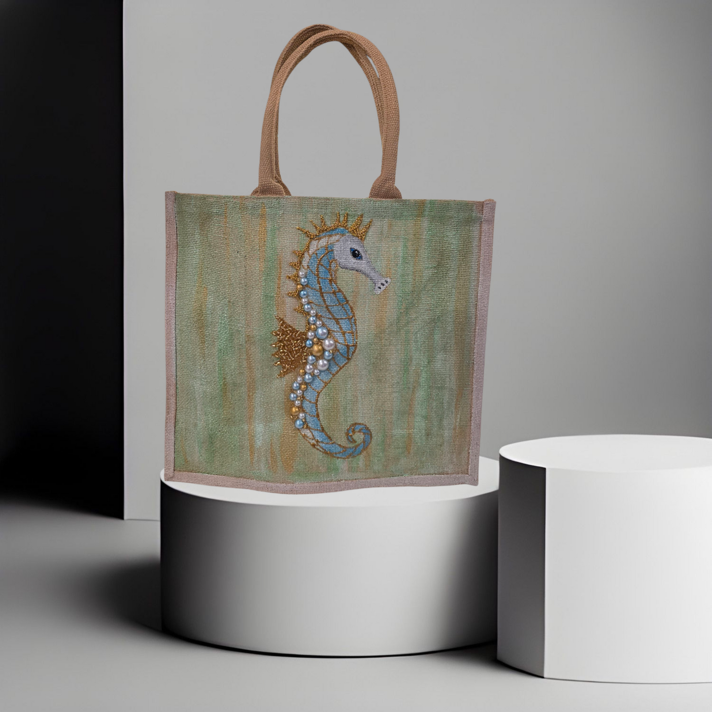 Seahorse Hand-Painted Jute Tote Bag with Pearly Seashell Accents