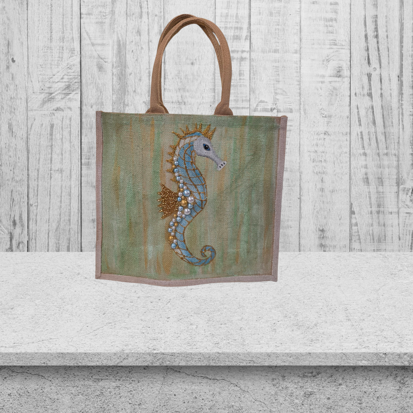 Seahorse Hand-Painted Jute Tote Bag with Pearly Seashell Accents
