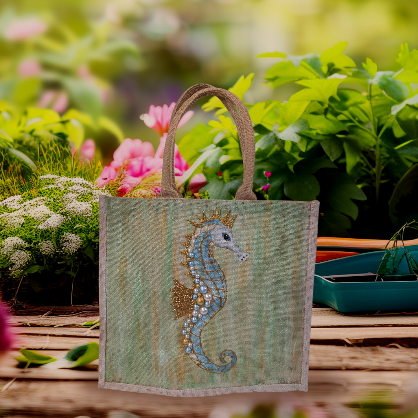 Seahorse Hand-Painted Jute Tote Bag with Pearly Seashell Accents