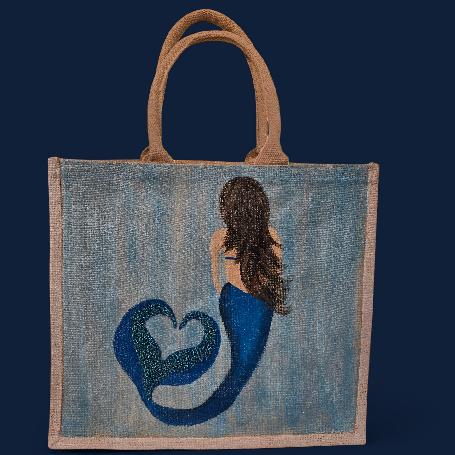 Mermaid Hand-Painted Jute Tote Bag with Iridescent & Undersea Details