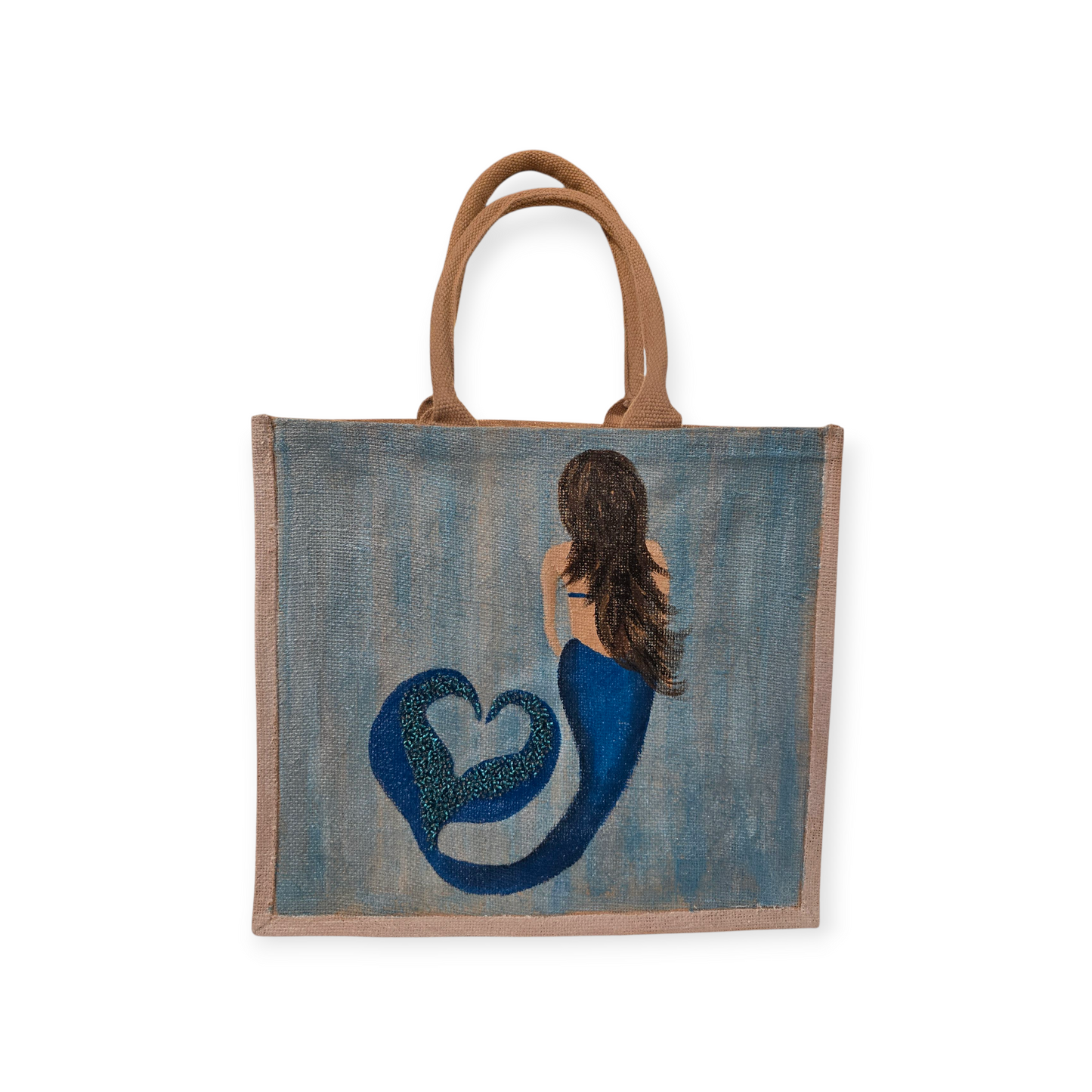 Mermaid Hand-Painted Jute Tote Bag with Iridescent & Undersea Details