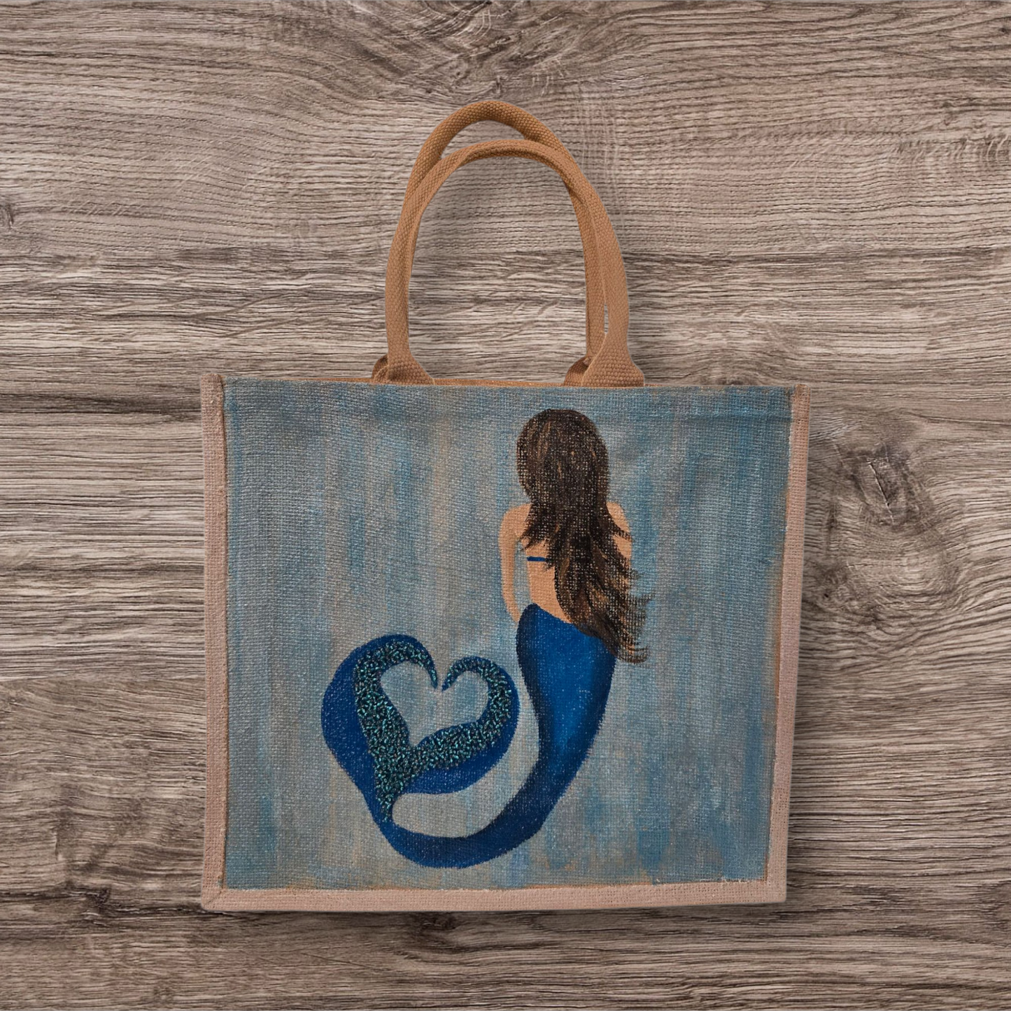Mermaid Hand-Painted Jute Tote Bag with Iridescent & Undersea Details