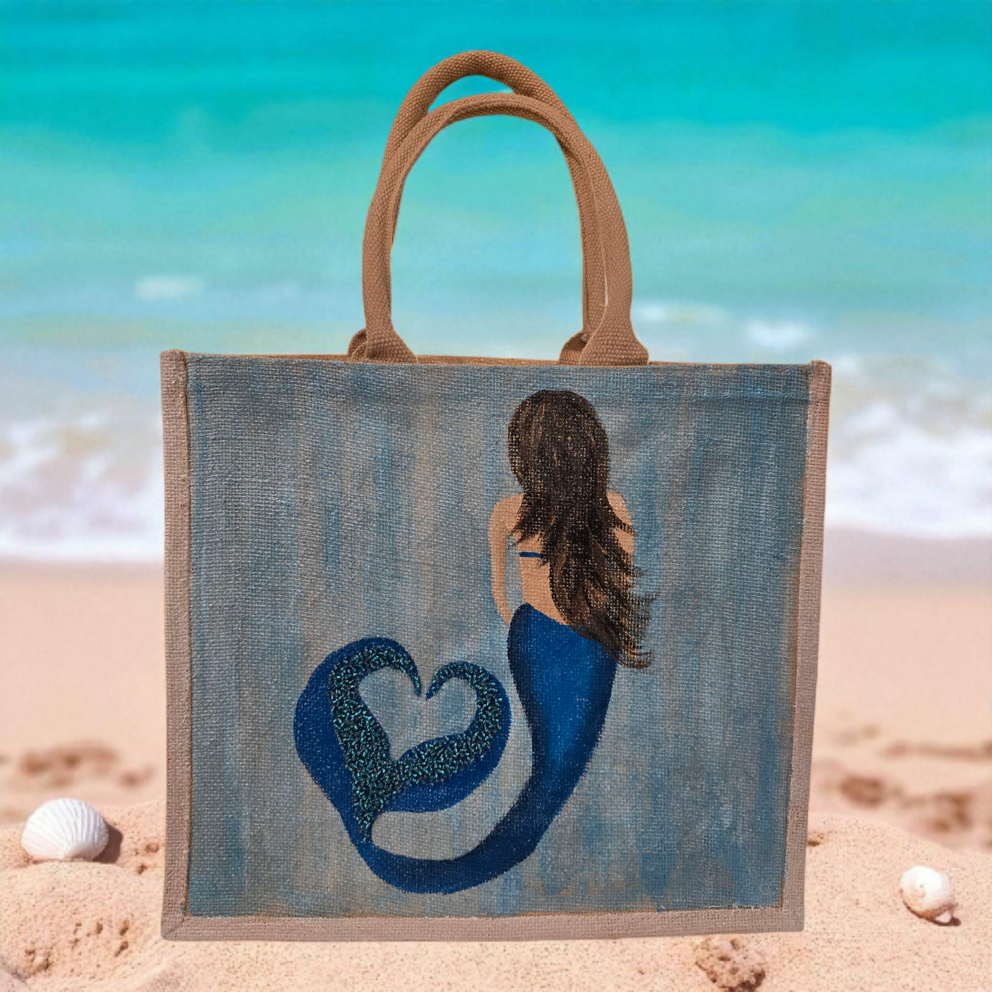 Mermaid Hand-Painted Jute Tote Bag with Iridescent & Undersea Details