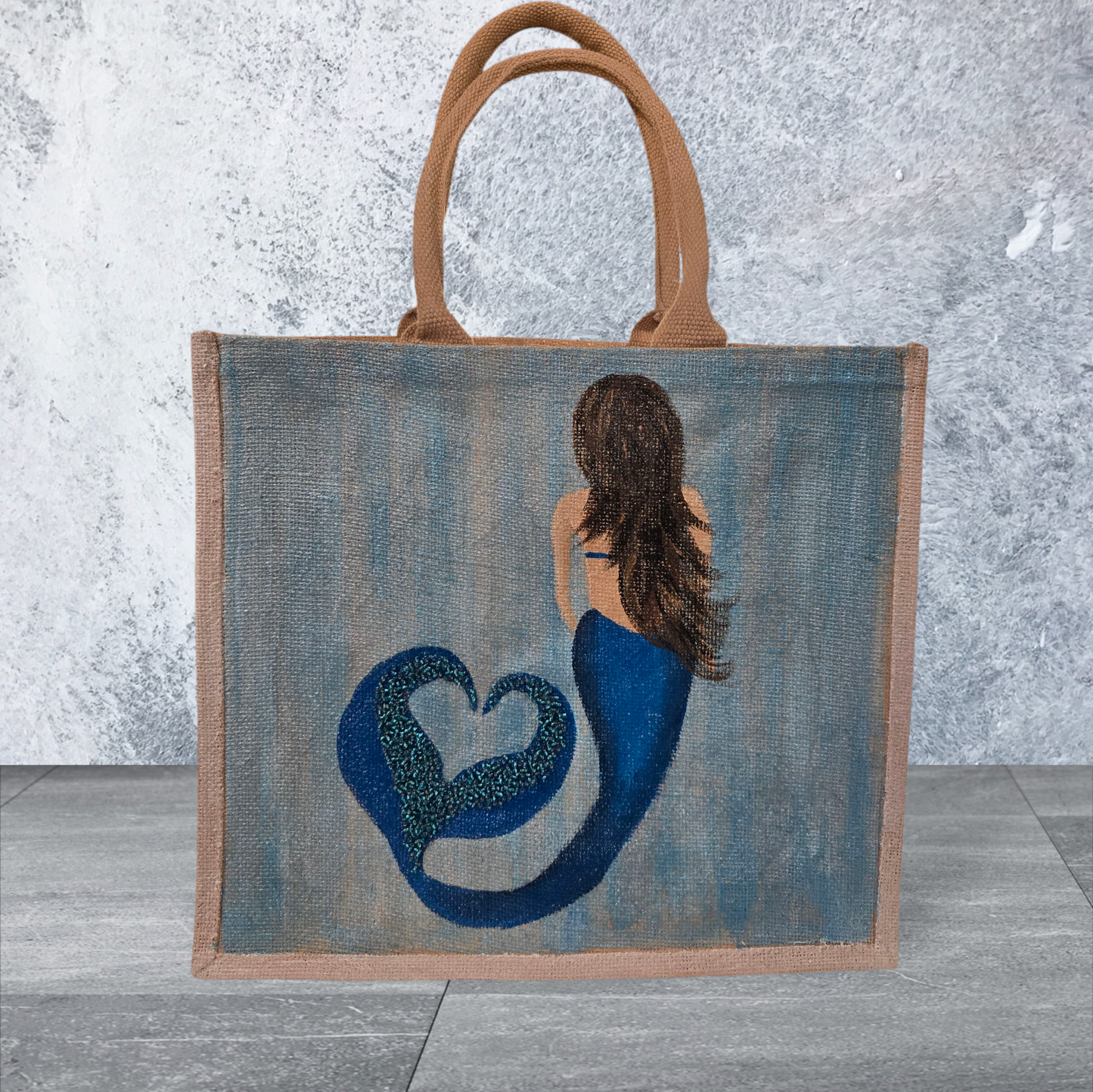 Mermaid Hand-Painted Jute Tote Bag with Iridescent & Undersea Details