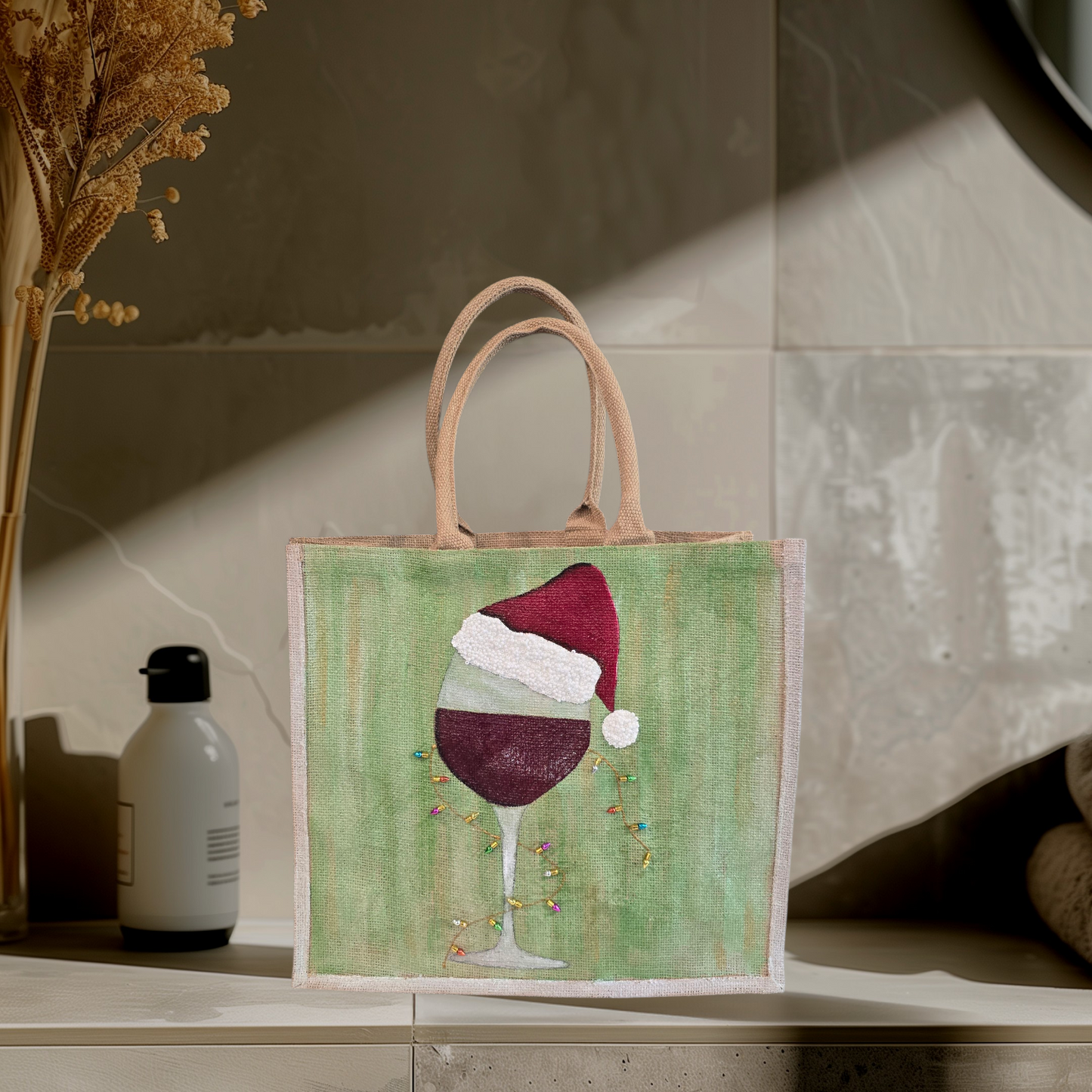 Hand-painted jute tote with a wine glass wearing a Santa hat and tiny holiday lights.