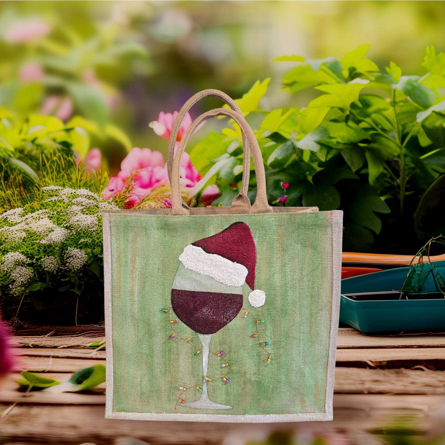 Hand-painted jute tote with a wine glass wearing a Santa hat and tiny holiday lights.
