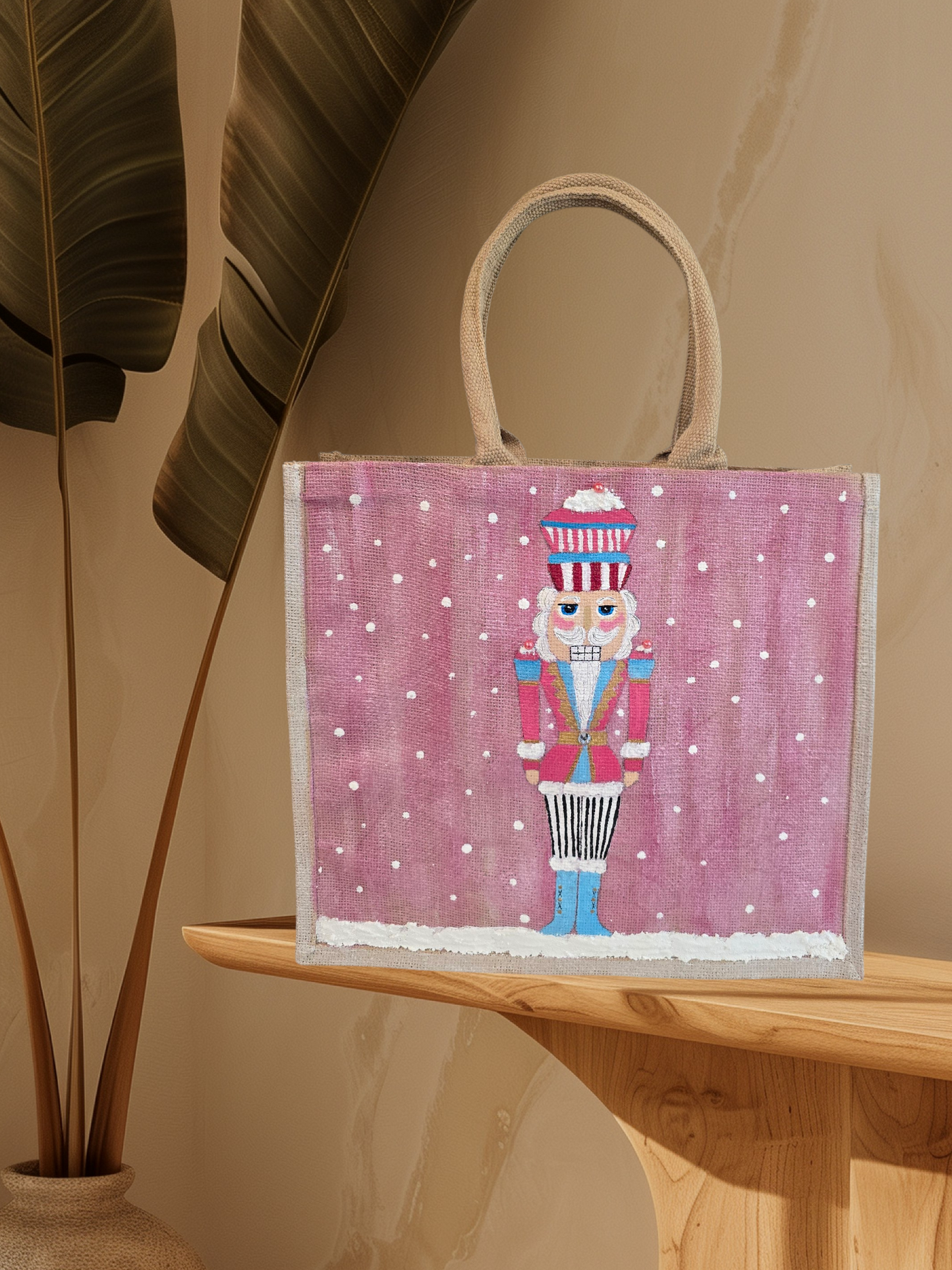 Hand-painted pink Nutcracker on a snowy background, on a jute tote bag.