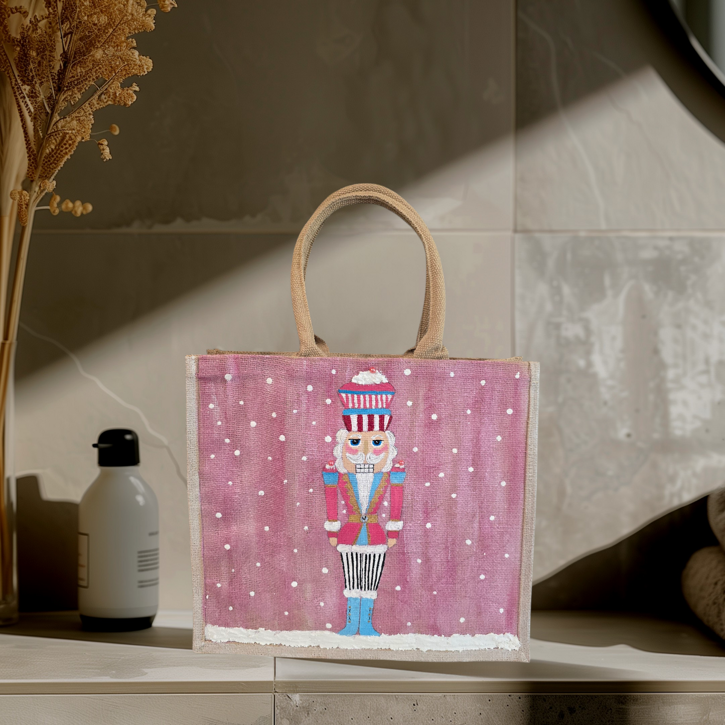Hand-painted pink Nutcracker on a snowy background, on a jute tote bag.