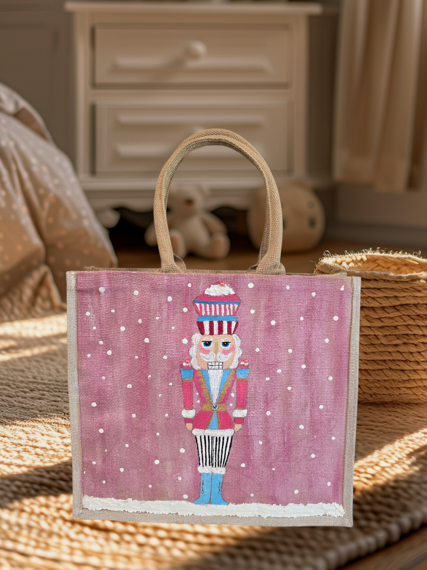 Hand-painted pink Nutcracker on a snowy background, on a jute tote bag.