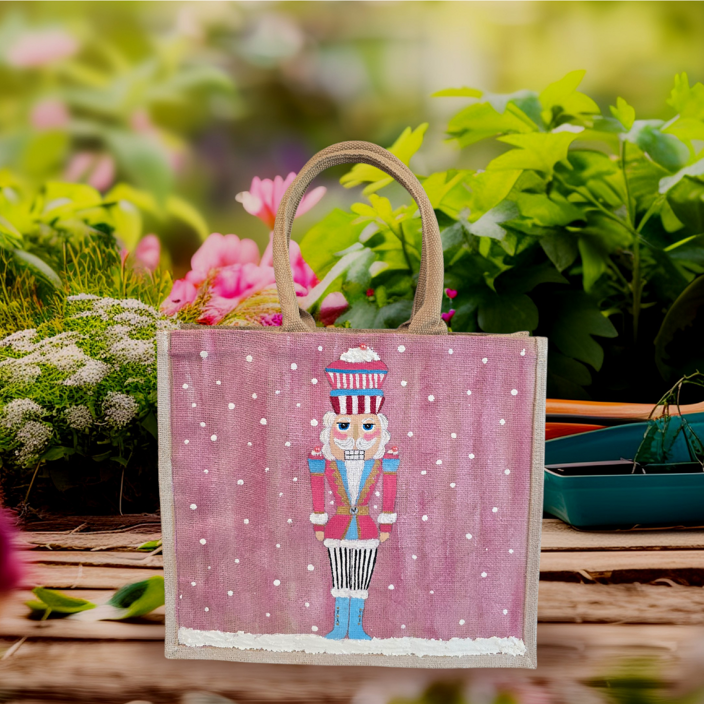 Hand-painted pink Nutcracker on a snowy background, on a jute tote bag.