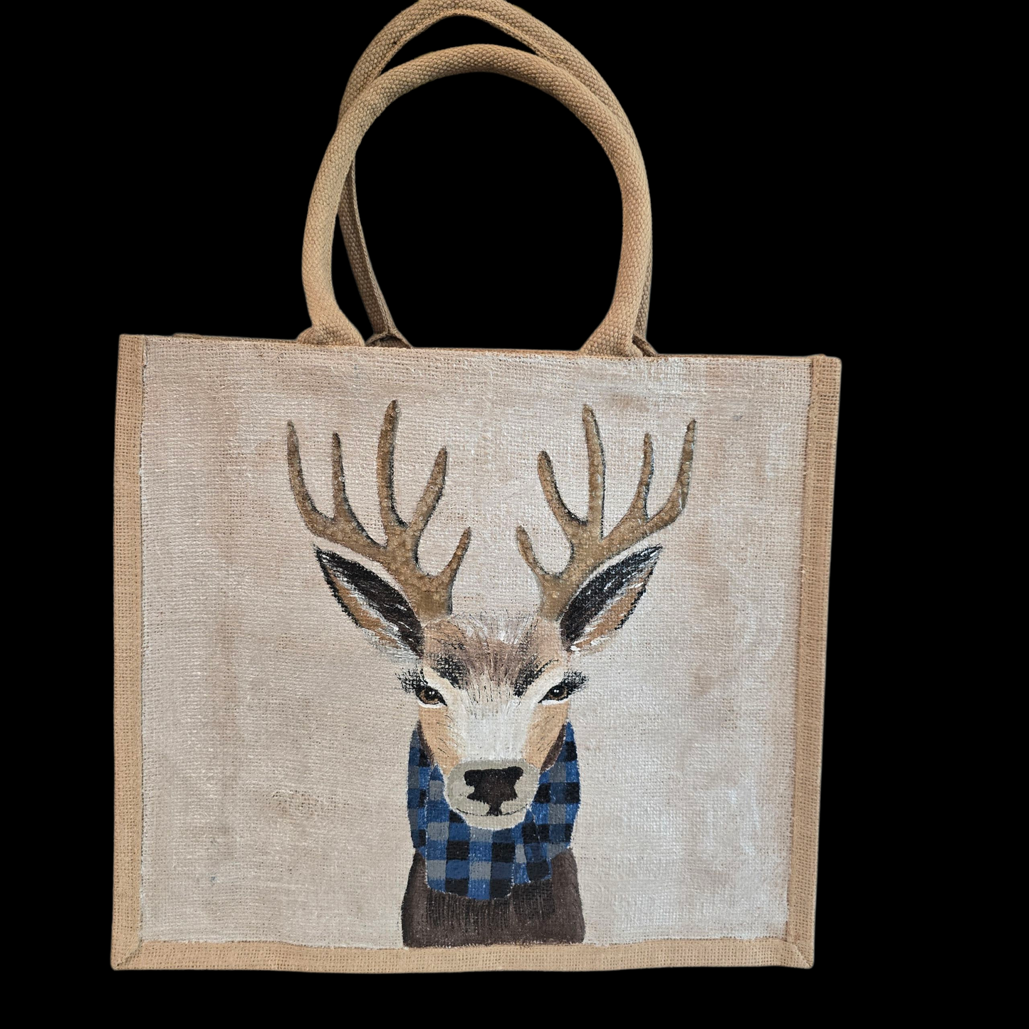 Hand-painted jute tote featuring a reindeer wearing a blue buffalo-plaid scarf.