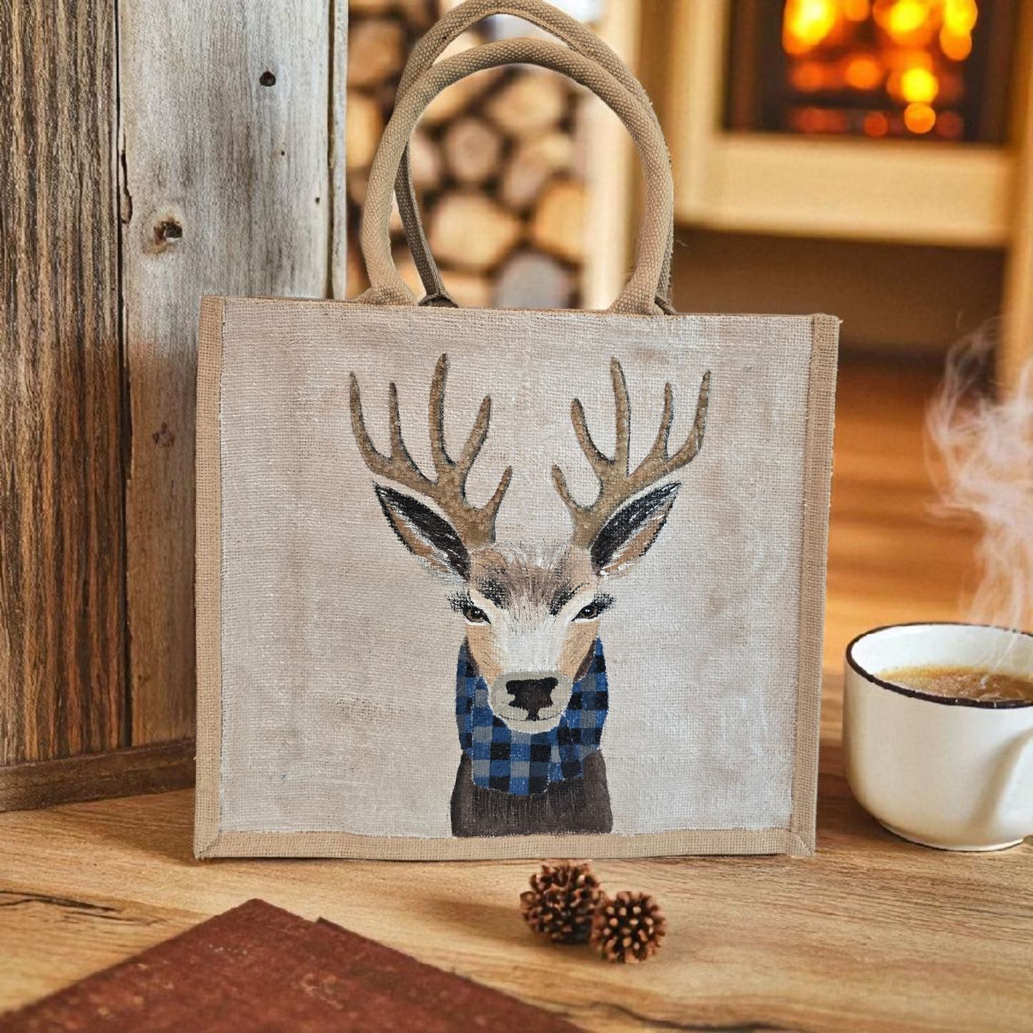 Hand-painted jute tote featuring a reindeer wearing a blue buffalo-plaid scarf.