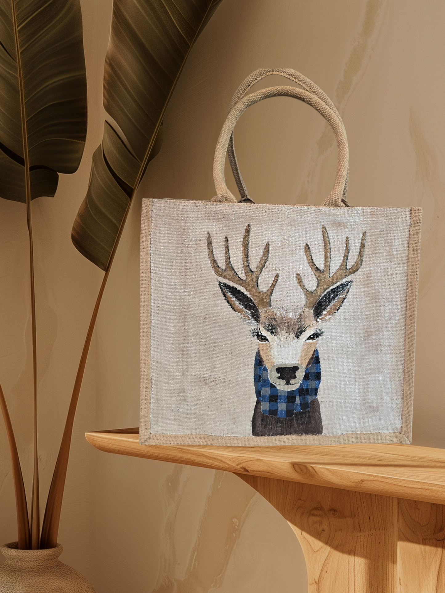Hand-painted jute tote featuring a reindeer wearing a blue buffalo-plaid scarf.