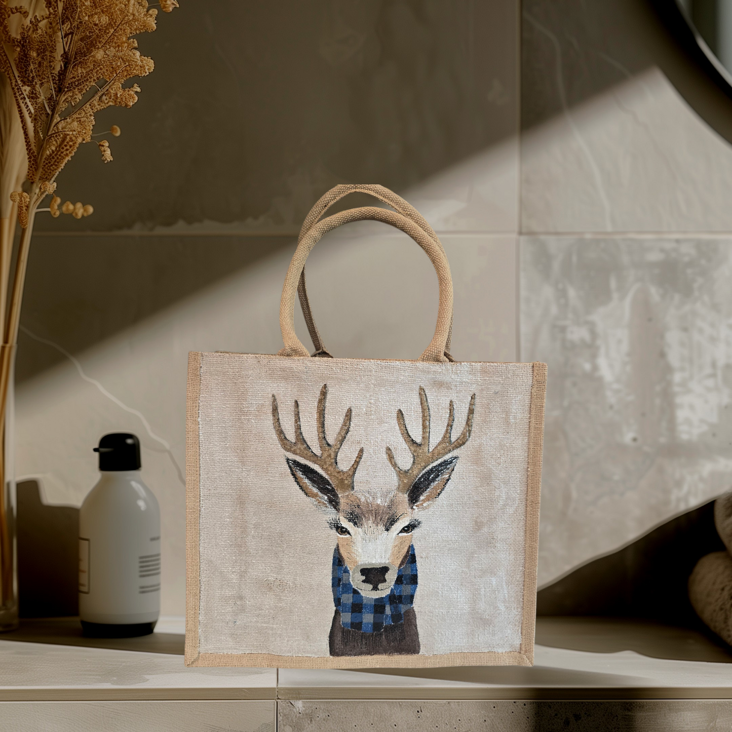 Hand-painted jute tote featuring a reindeer wearing a blue buffalo-plaid scarf.