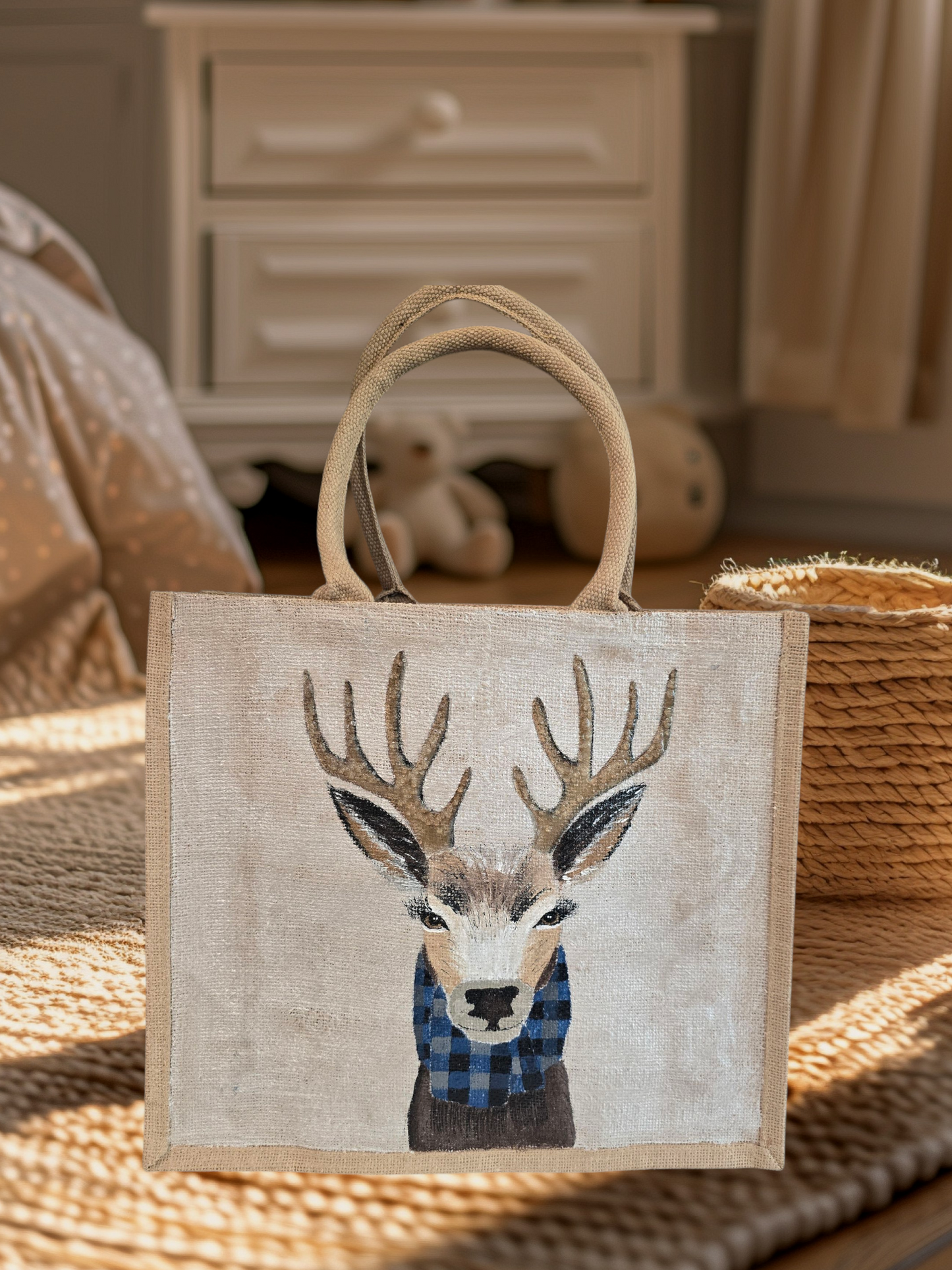 Hand-painted jute tote featuring a reindeer wearing a blue buffalo-plaid scarf.