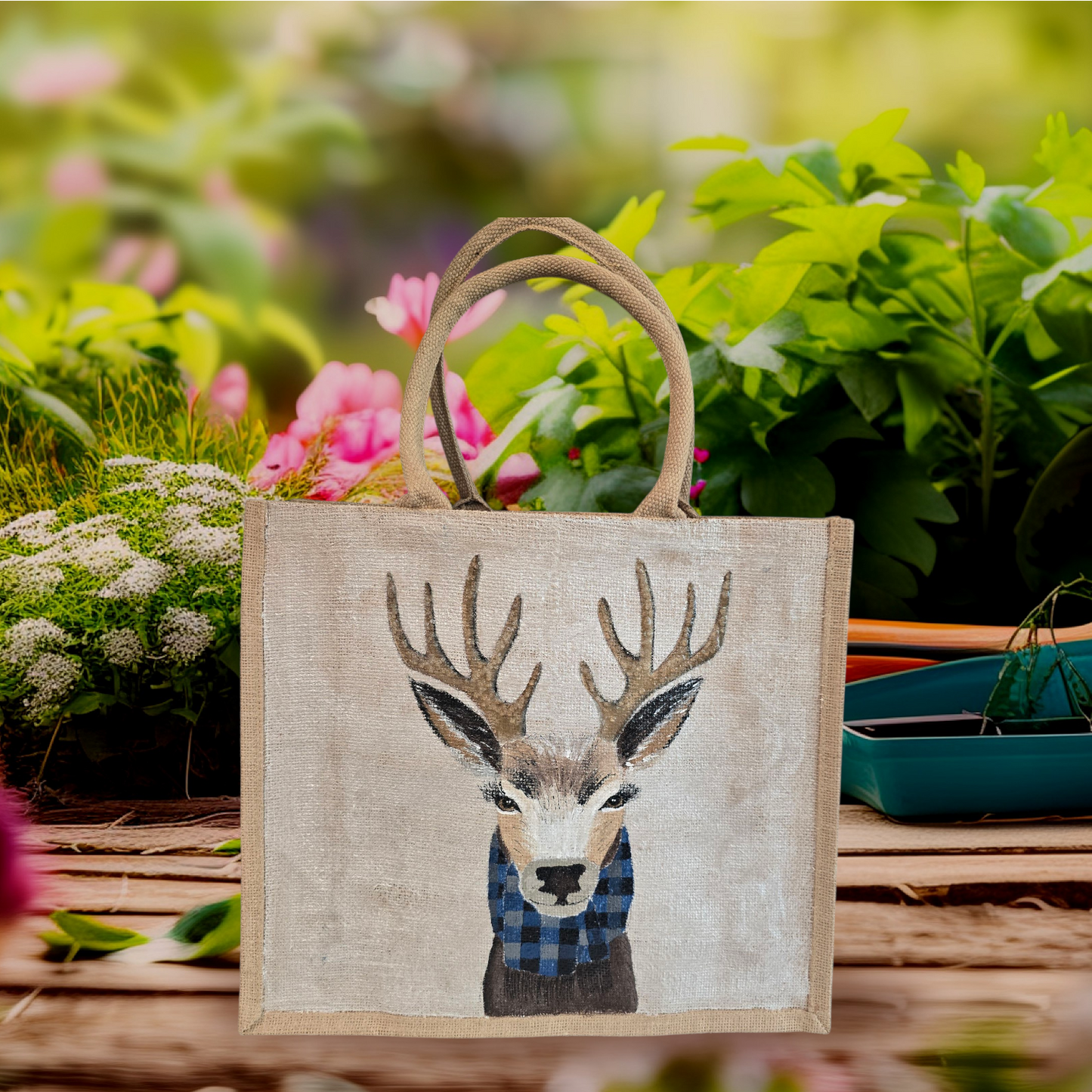 Hand-painted jute tote featuring a reindeer wearing a blue buffalo-plaid scarf.