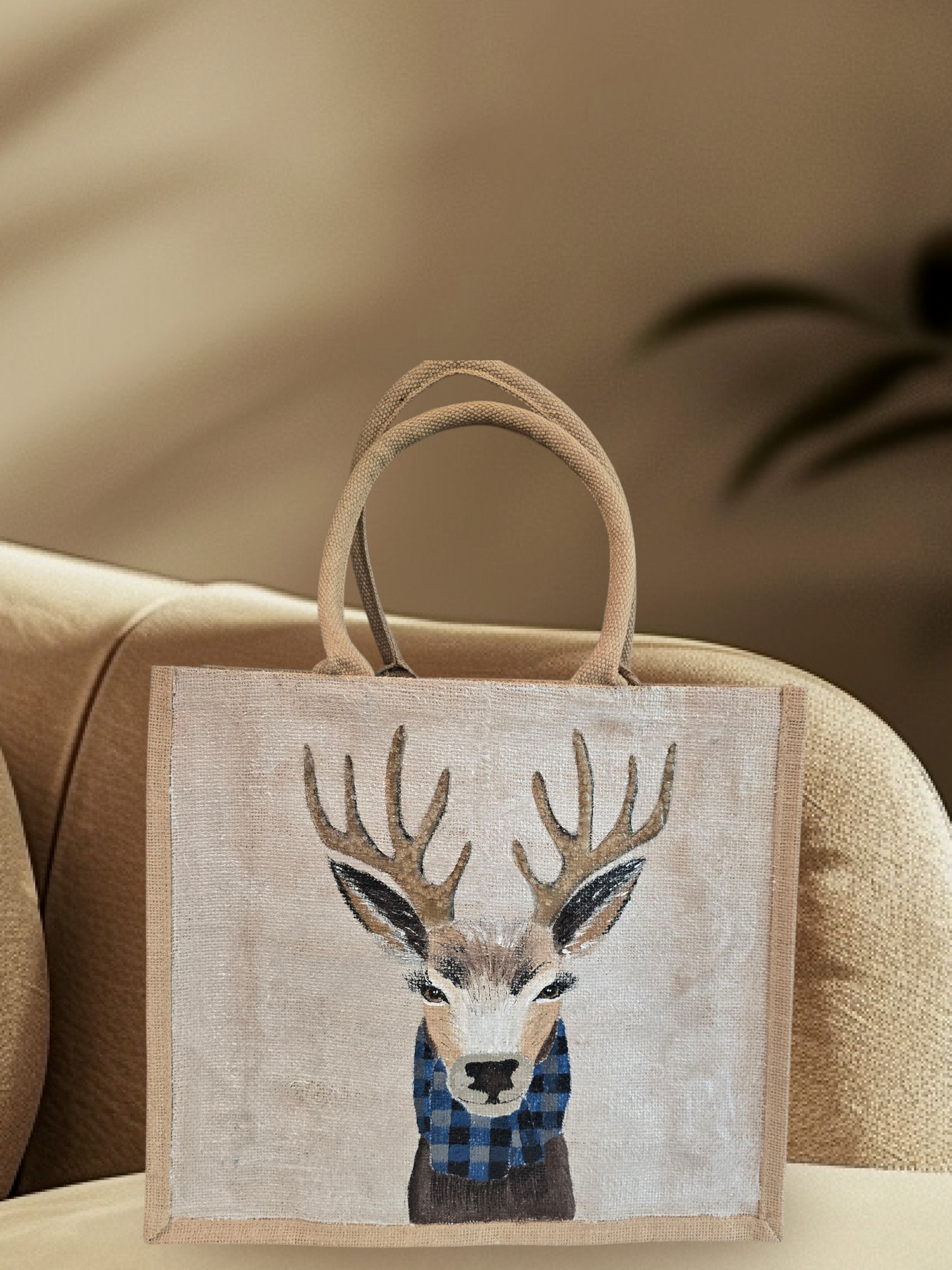 Hand-painted jute tote featuring a reindeer wearing a blue buffalo-plaid scarf.