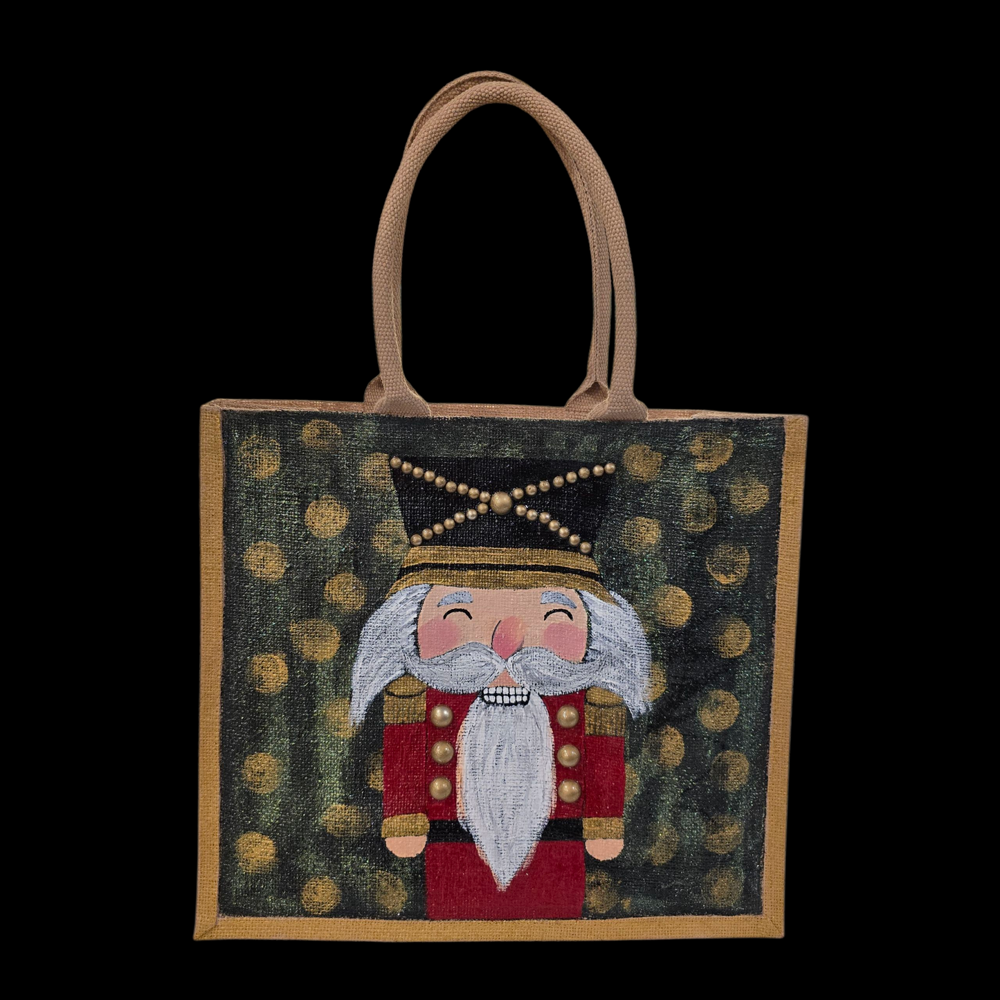 Hand-painted classic nutcracker tote with golden bokeh background,
Festive nutcracker artwork on artisan jute bag, Traditional holiday nutcracker on lined jute tote