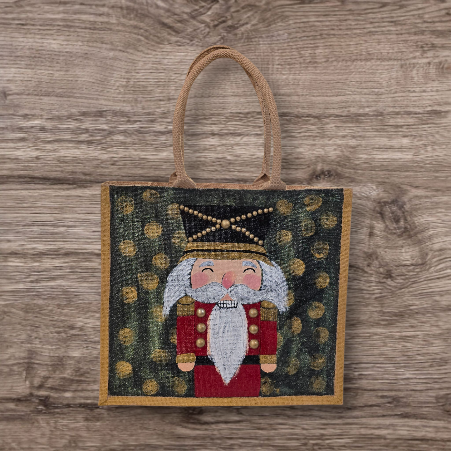 Hand-painted classic nutcracker tote with golden bokeh background,
Festive nutcracker artwork on artisan jute bag, Traditional holiday nutcracker on lined jute tote