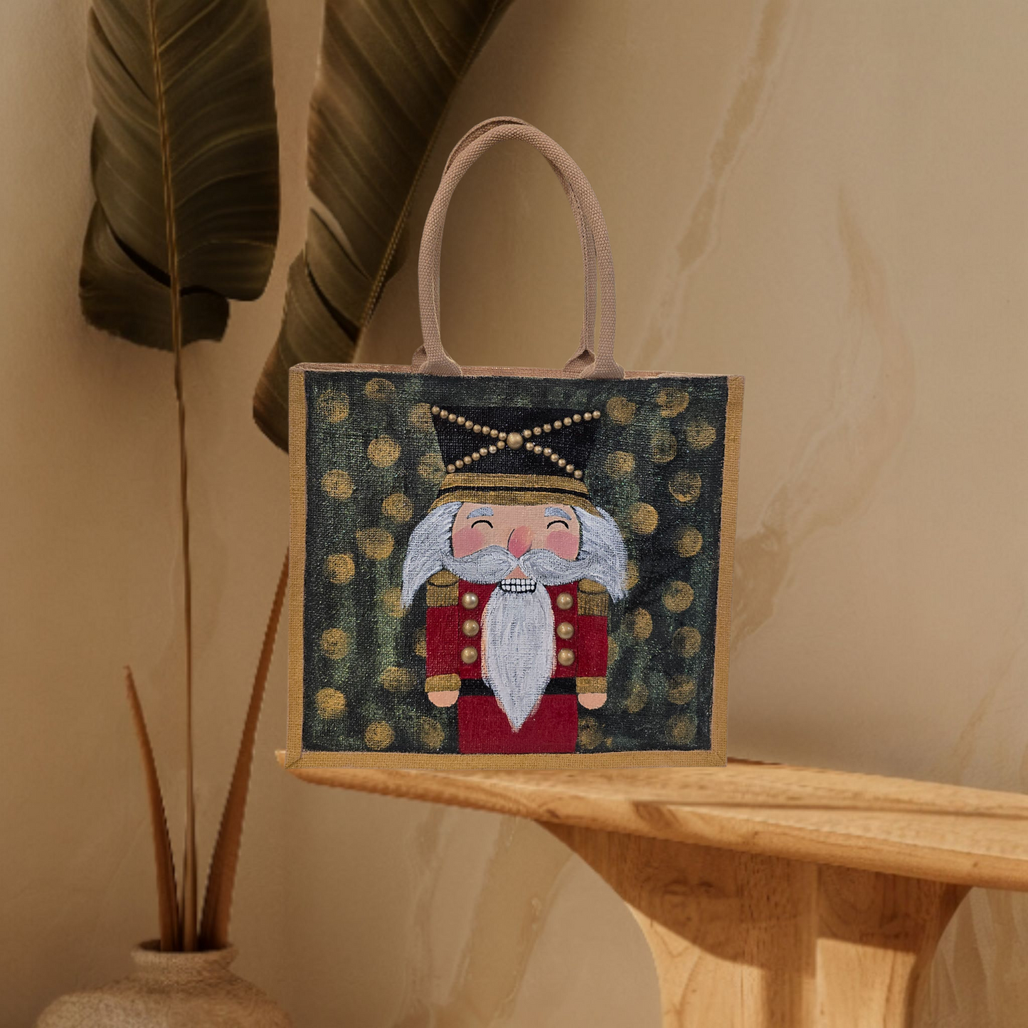 Hand-painted classic nutcracker tote with golden bokeh background,
Festive nutcracker artwork on artisan jute bag, Traditional holiday nutcracker on lined jute tote