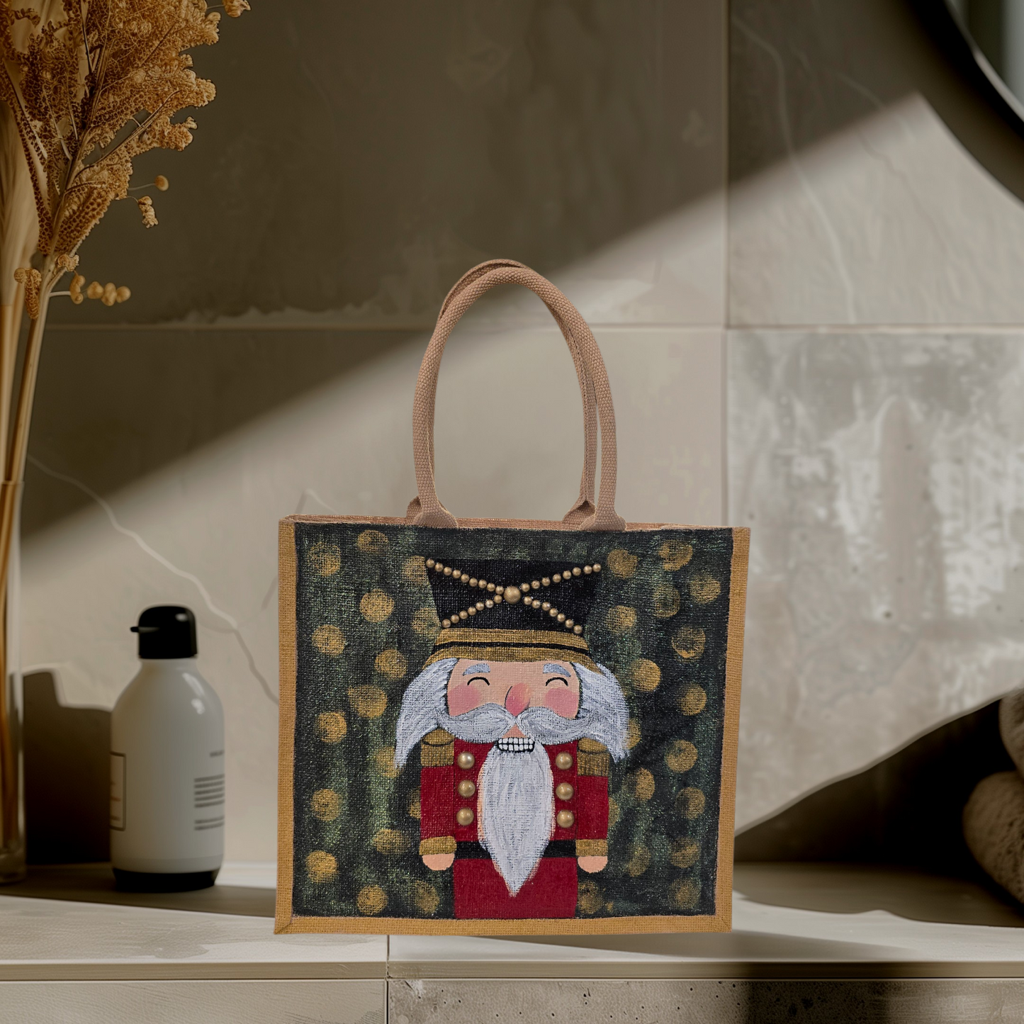 Hand-painted classic nutcracker tote with golden bokeh background,
Festive nutcracker artwork on artisan jute bag, Traditional holiday nutcracker on lined jute tote