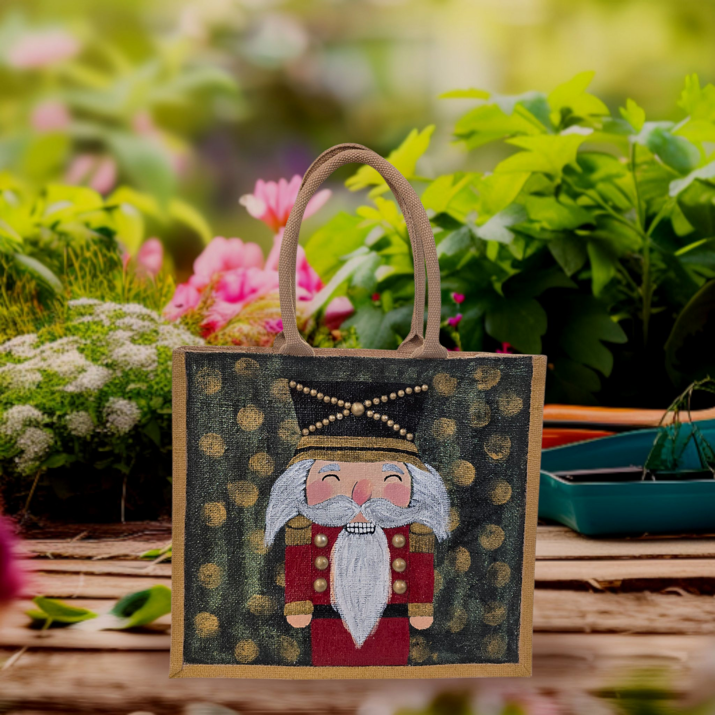 Hand-painted classic nutcracker tote with golden bokeh background,
Festive nutcracker artwork on artisan jute bag, Traditional holiday nutcracker on lined jute tote