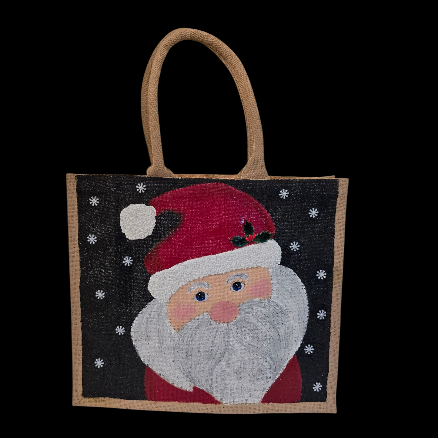 Hand-painted classic Santa portrait on black snowy background, Jolly Santa face tote with holly detail and textured beard, Artisan Santa holiday tote, lined jute with long handles