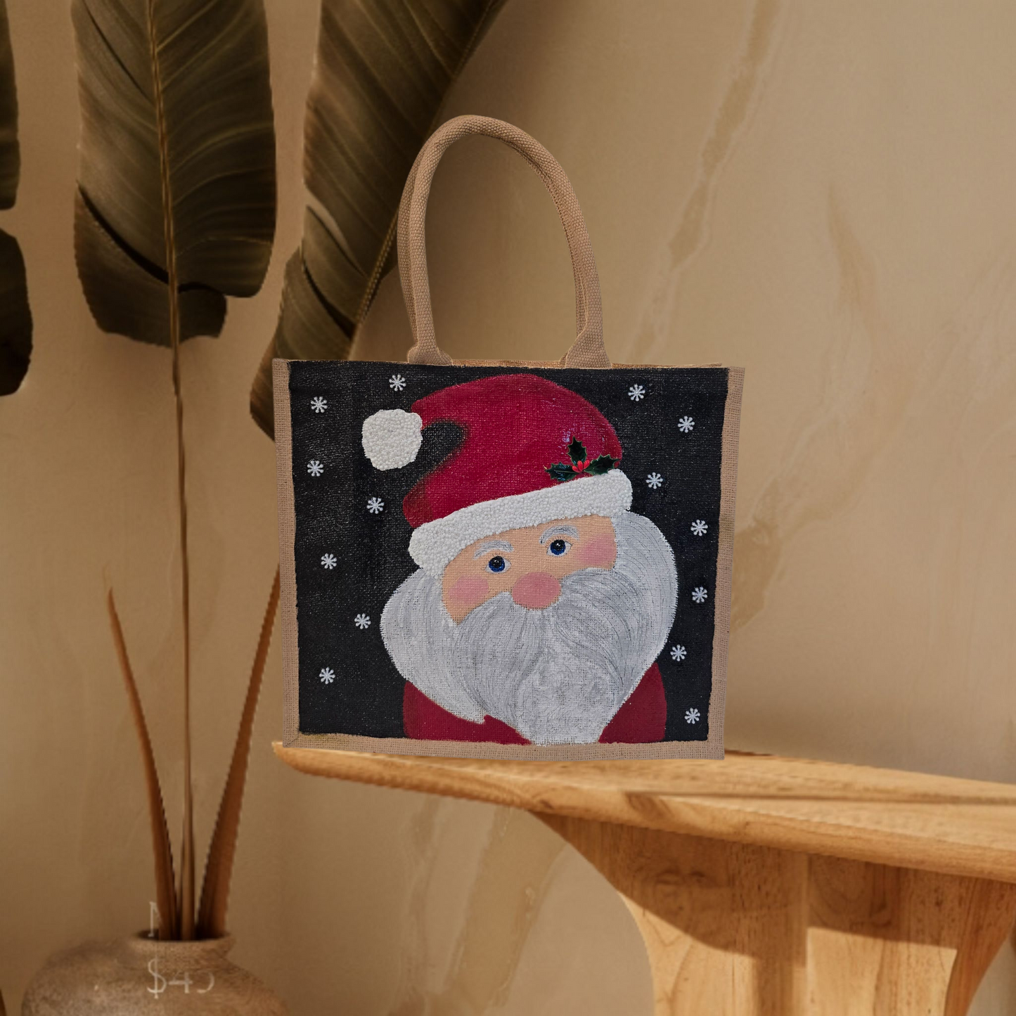 Hand-painted classic Santa portrait on black snowy background, Jolly Santa face tote with holly detail and textured beard, Artisan Santa holiday tote, lined jute with long handles