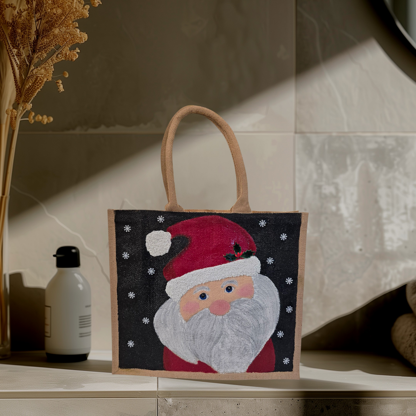 Hand-painted classic Santa portrait on black snowy background, Jolly Santa face tote with holly detail and textured beard, Artisan Santa holiday tote, lined jute with long handles