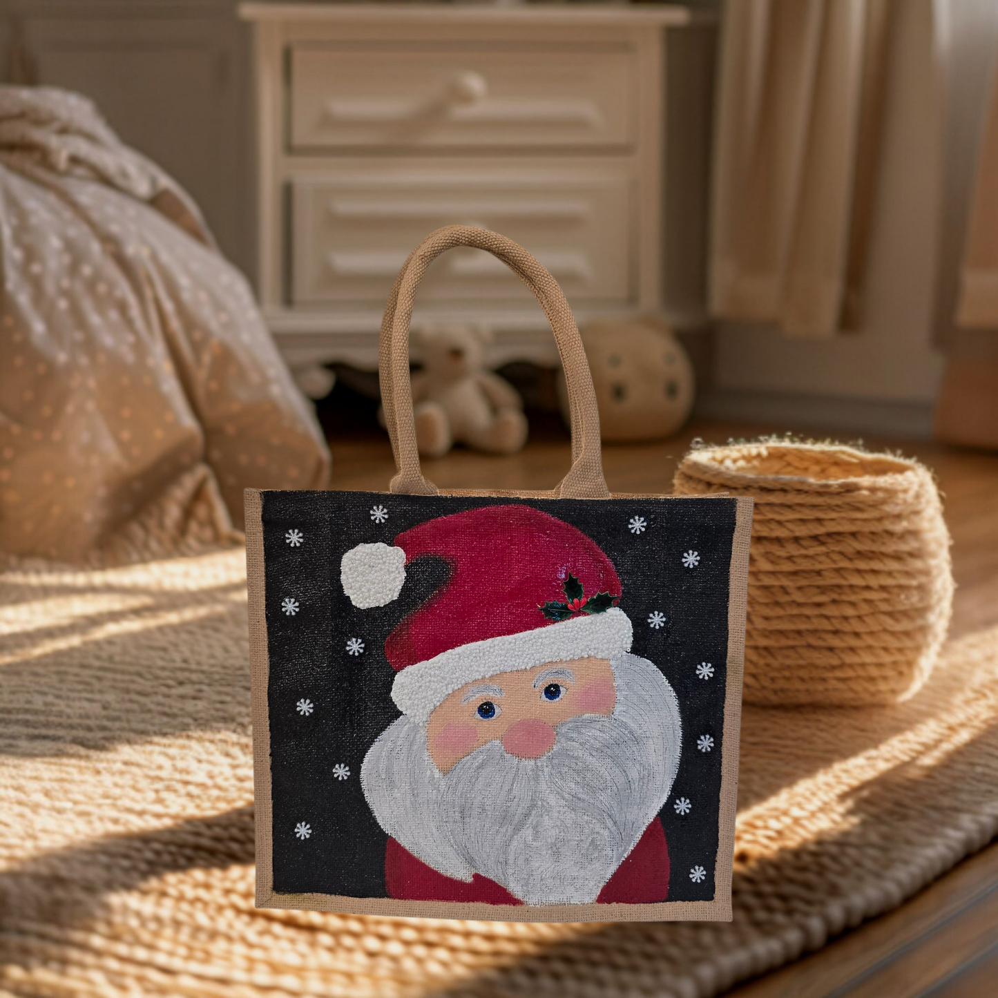 Hand-painted classic Santa portrait on black snowy background, Jolly Santa face tote with holly detail and textured beard, Artisan Santa holiday tote, lined jute with long handles