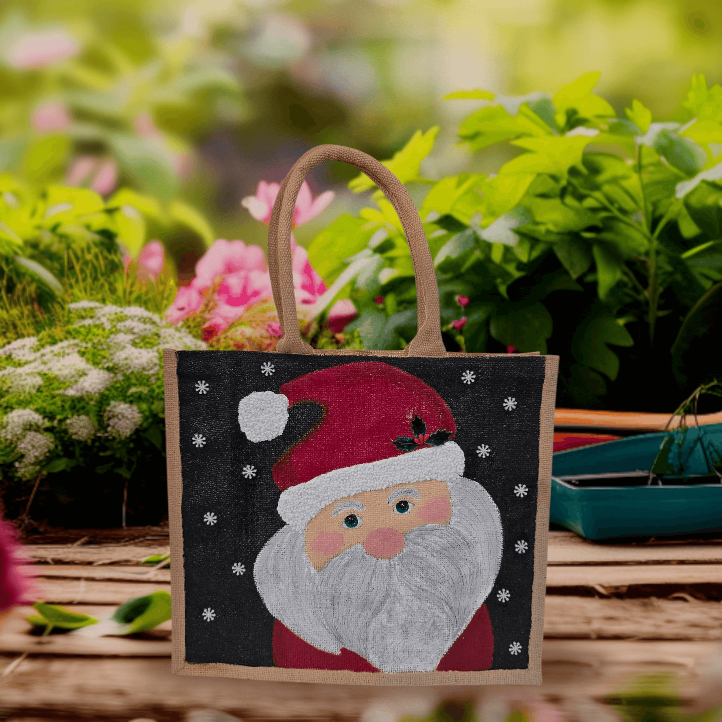 Hand-painted classic Santa portrait on black snowy background, Jolly Santa face tote with holly detail and textured beard, Artisan Santa holiday tote, lined jute with long handles