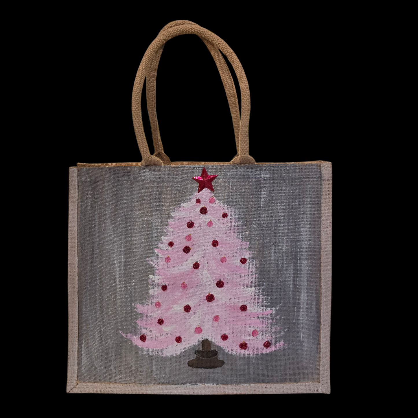 Hand-painted pink Christmas tree with red ornaments on gray, Blush holiday tree tote with star topper on jute bag,
Modern pink Christmas tote, lined jute with long handles