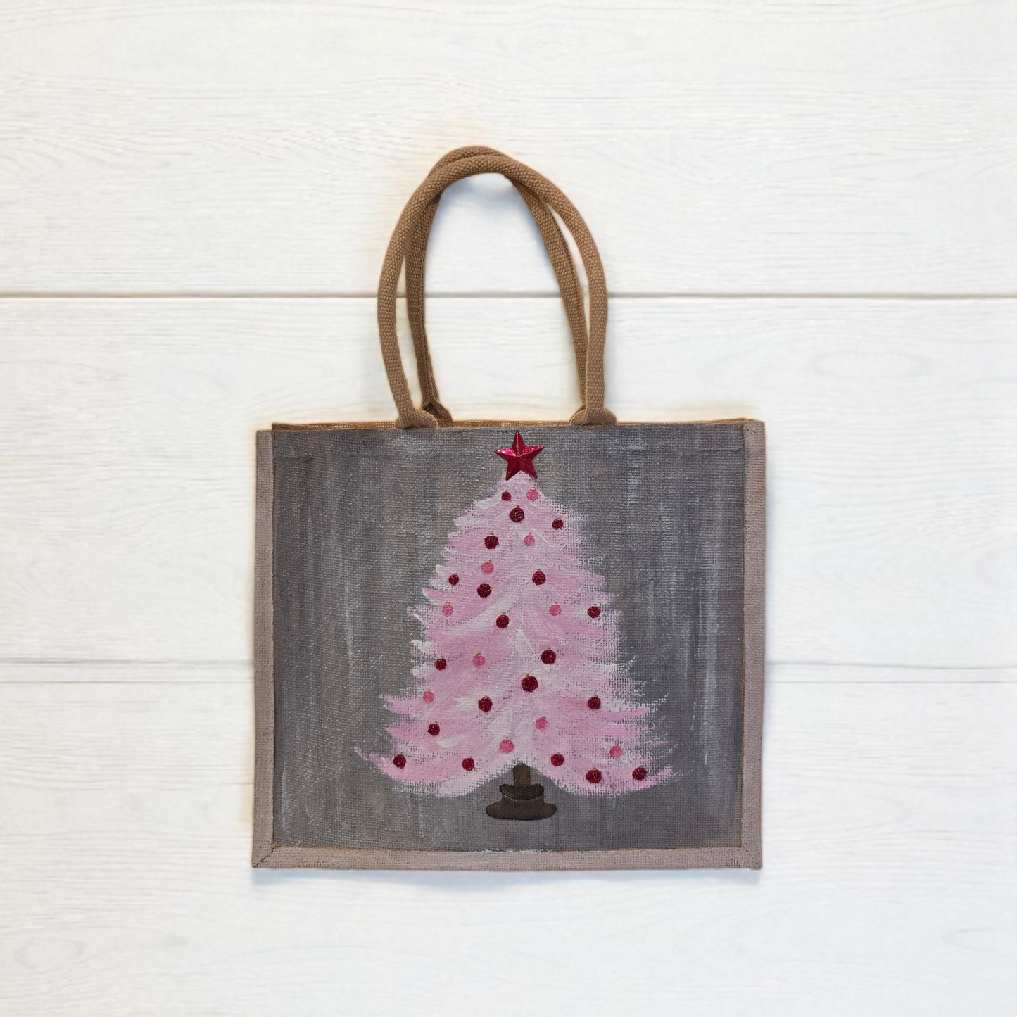 Hand-painted pink Christmas tree with red ornaments on gray, Blush holiday tree tote with star topper on jute bag,
Modern pink Christmas tote, lined jute with long handles