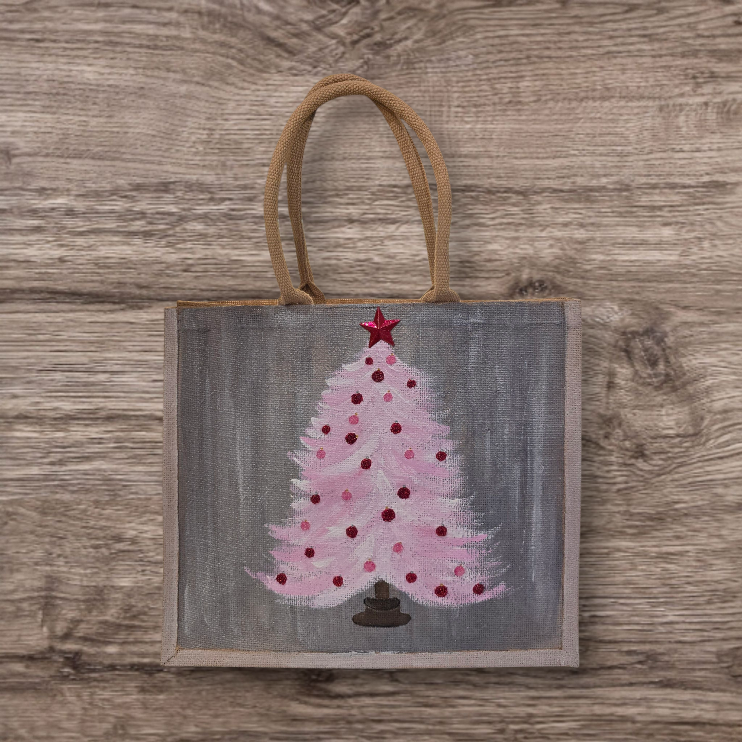 Hand-painted pink Christmas tree with red ornaments on gray, Blush holiday tree tote with star topper on jute bag,
Modern pink Christmas tote, lined jute with long handles