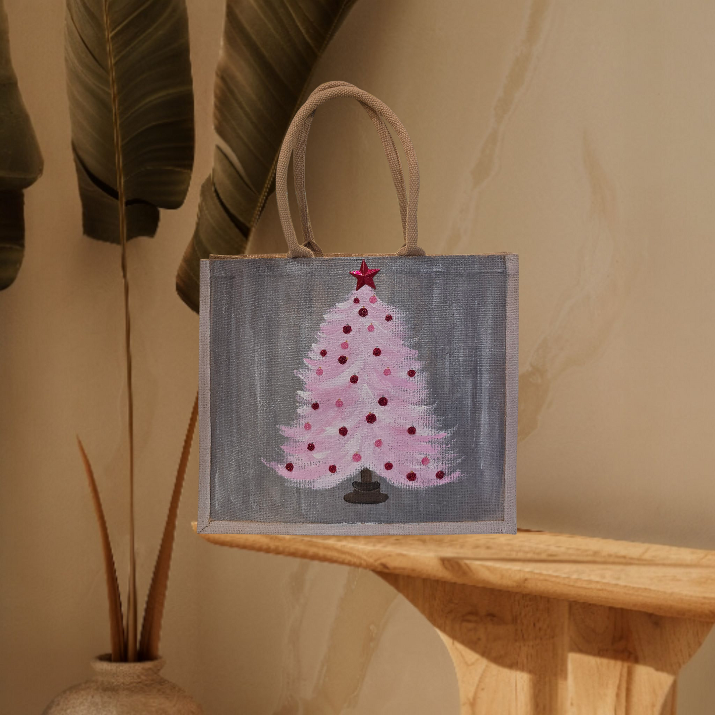 Hand-painted pink Christmas tree with red ornaments on gray, Blush holiday tree tote with star topper on jute bag,
Modern pink Christmas tote, lined jute with long handles