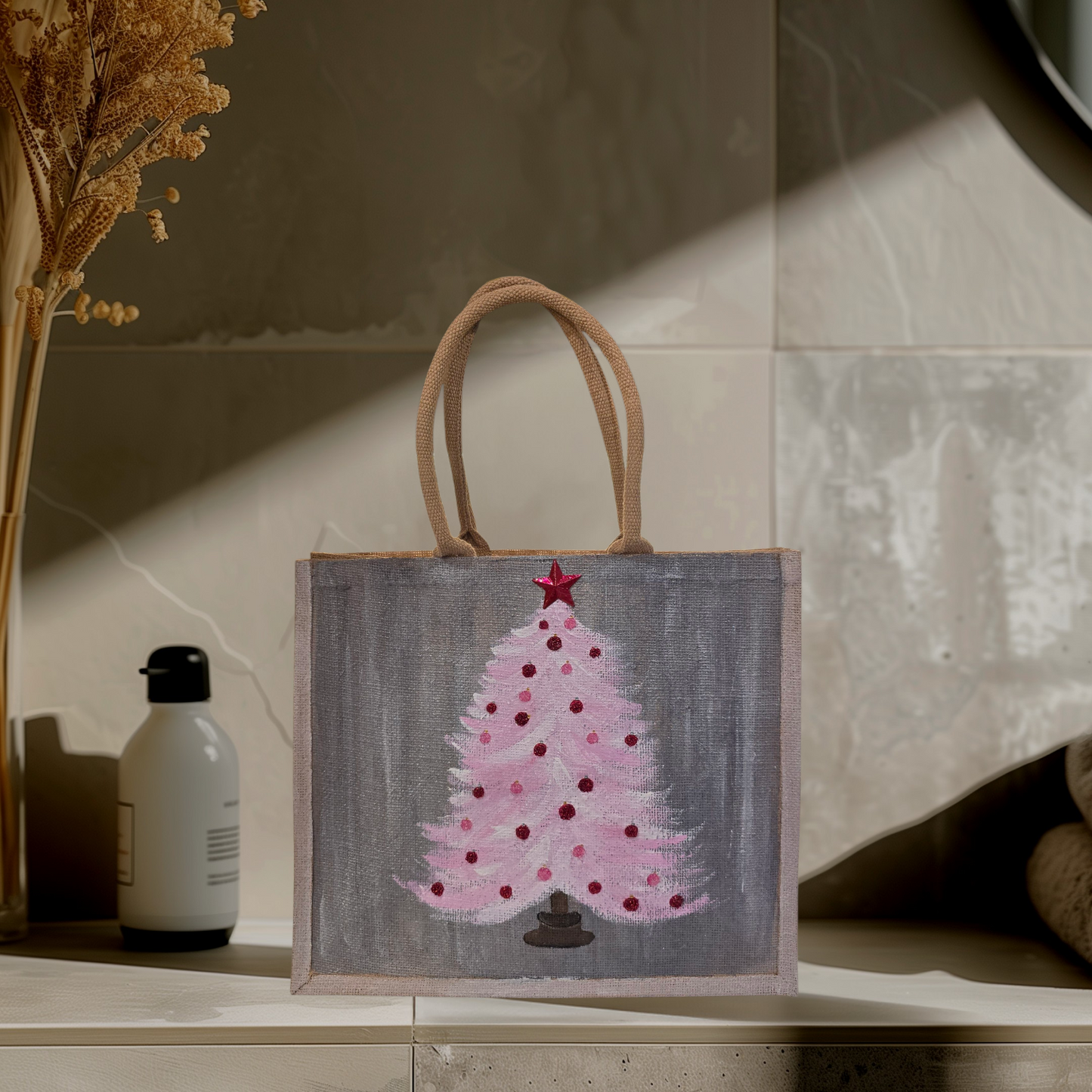 Hand-painted pink Christmas tree with red ornaments on gray, Blush holiday tree tote with star topper on jute bag,
Modern pink Christmas tote, lined jute with long handles