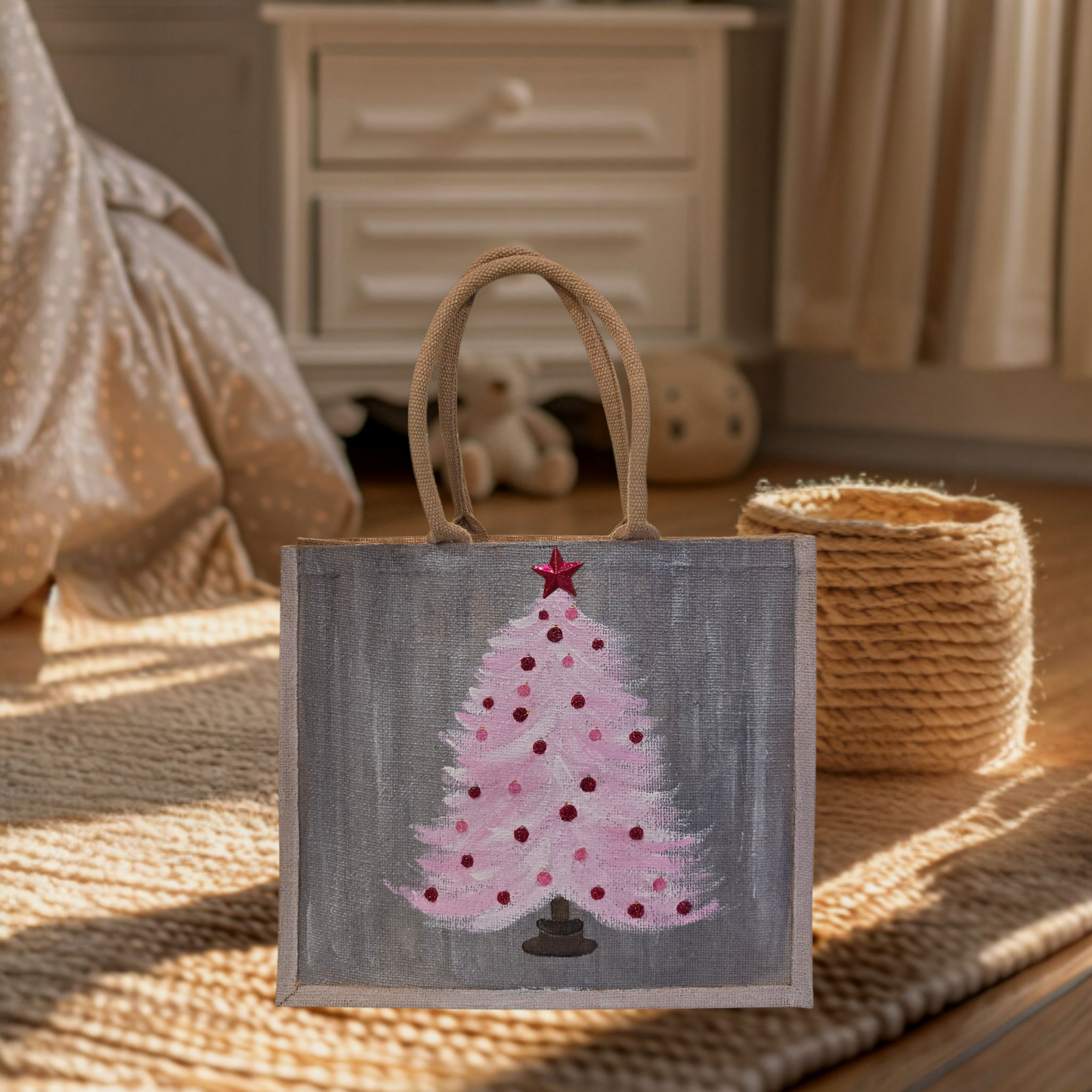 Hand-painted pink Christmas tree with red ornaments on gray, Blush holiday tree tote with star topper on jute bag,
Modern pink Christmas tote, lined jute with long handles