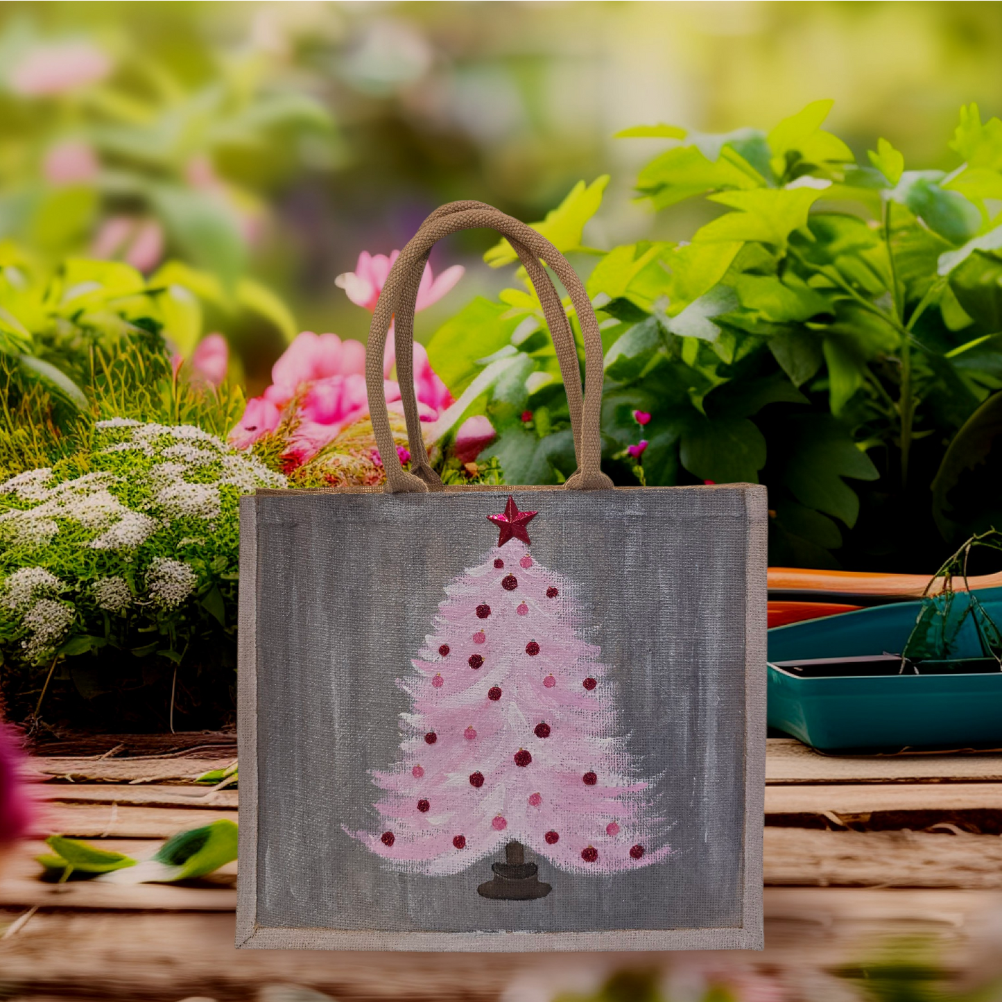 Hand-painted pink Christmas tree with red ornaments on gray, Blush holiday tree tote with star topper on jute bag,
Modern pink Christmas tote, lined jute with long handles